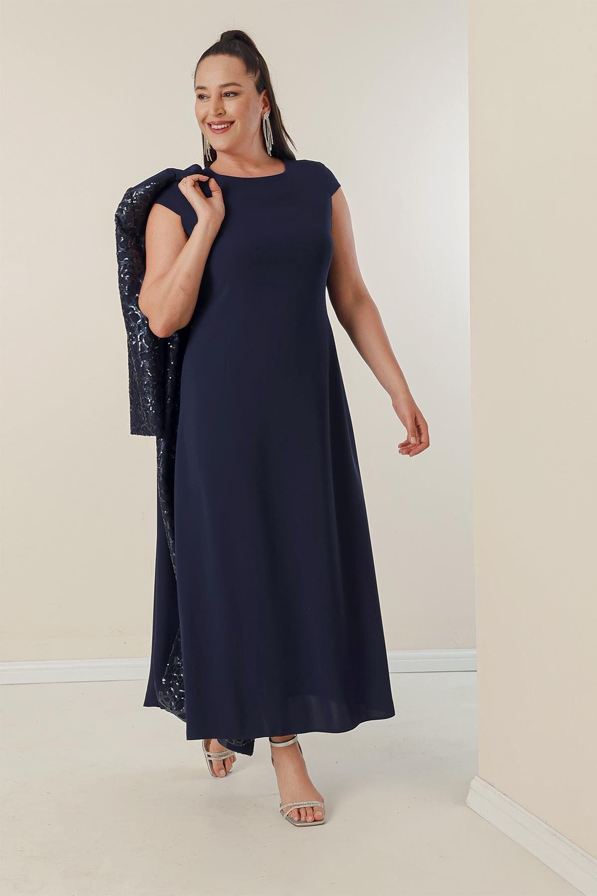 By Saygı-Half Moon Sleeve Long Crepe Dress with Sequined Kaftan Lining on the Sleeves and Front Plus Size 2-Piece Set 2