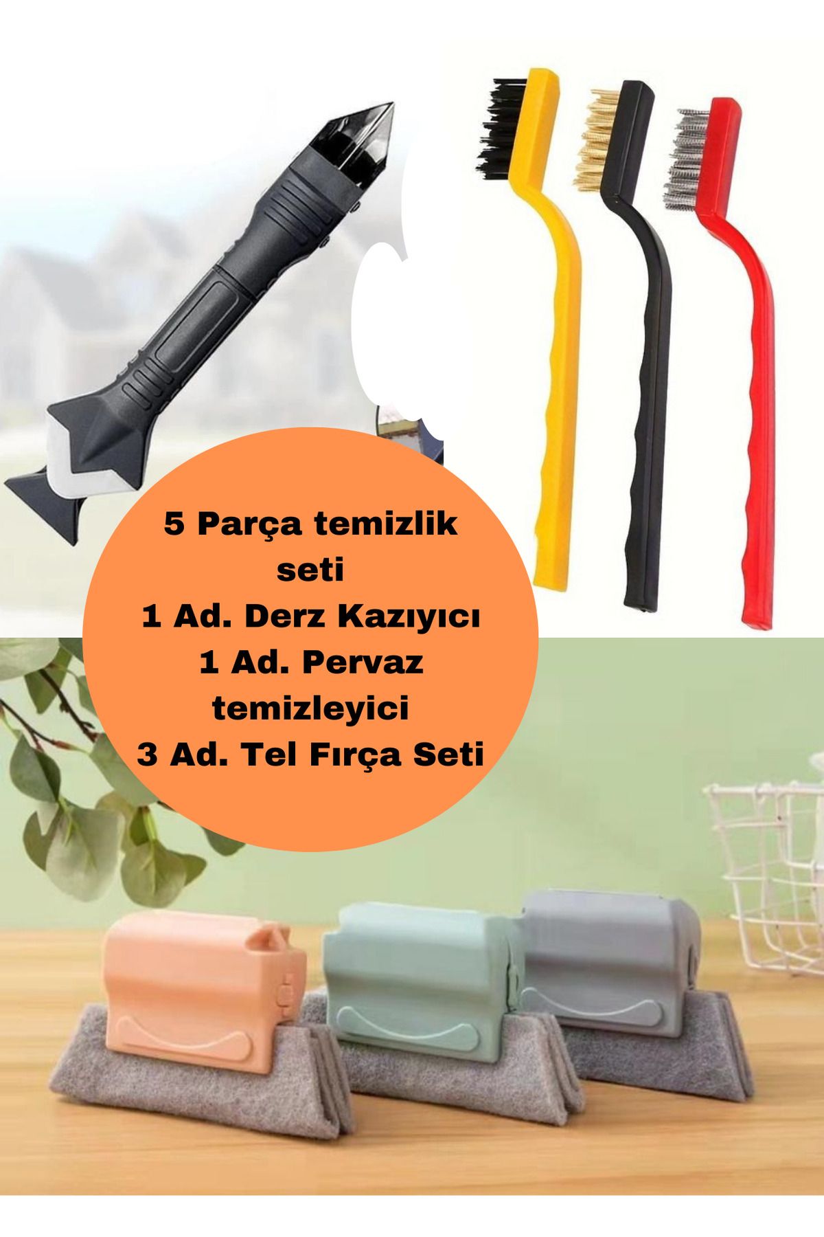 5 parça temizlik seti, derz Kazıyıcı - 3'lü tel Fırça - pervaz temizleyici