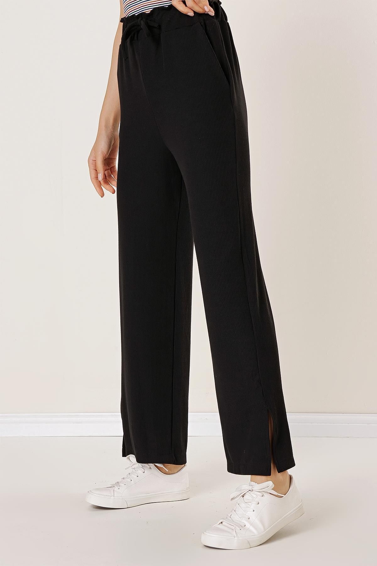 By Saygı-Knitted Trousers with Elastic Waist, Side Slits and Pockets 3