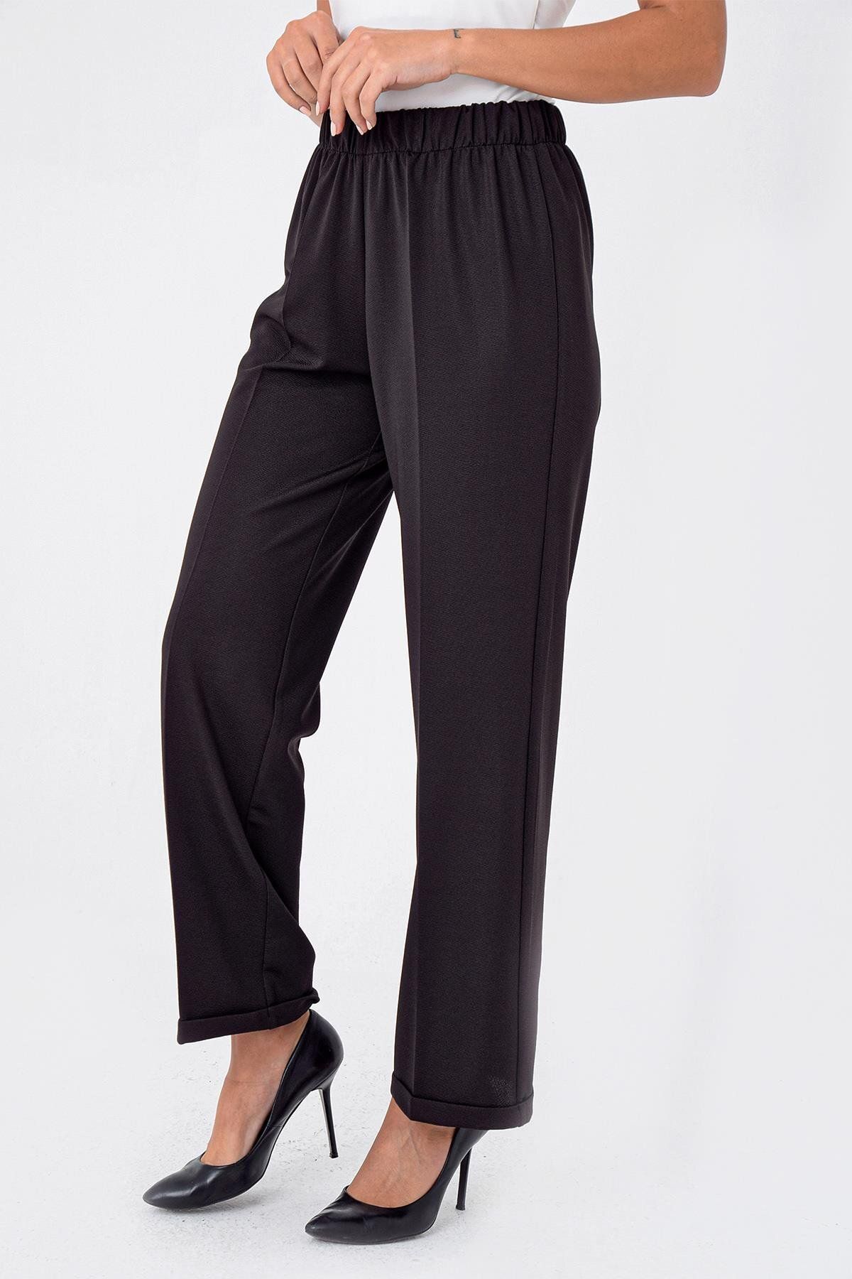 By Saygı-Double Leg Double Fabric Oversize Lycra Trousers with Elastic Waist Pockets 3