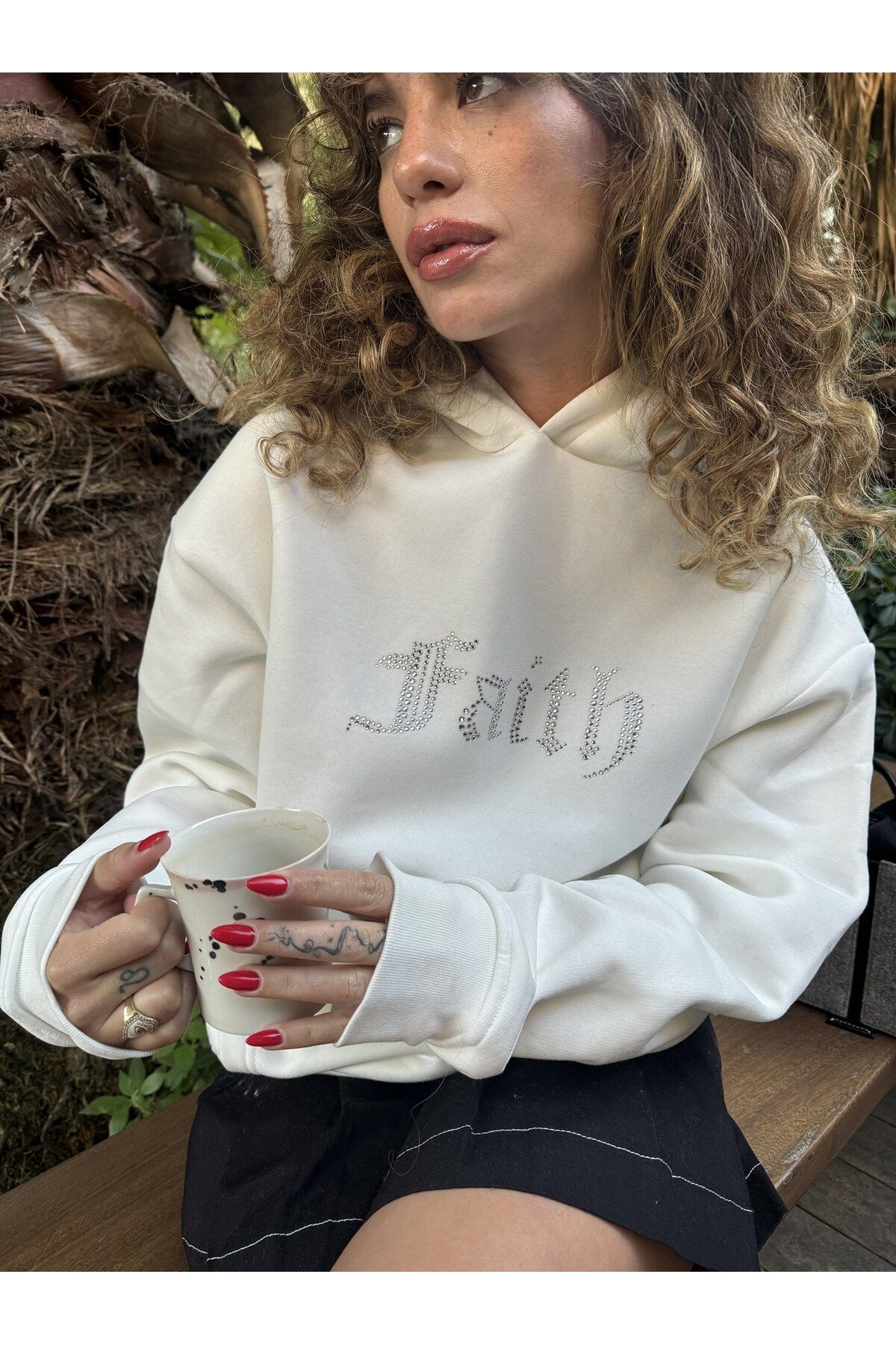 Gia-Art-Faith Written Stone Printed Hooded Fleece Inside Oversize White Sweatshirt 1