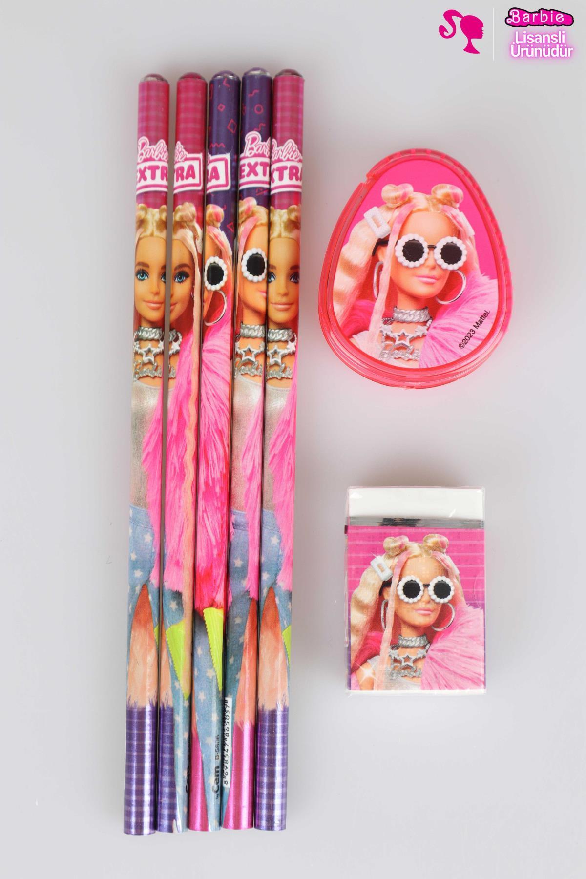 Barbie LİSANSLI BARBIE 5'Lİ KURŞUN KALEM,SİLGİ VE KALPLİ KALEMTRAŞ SETİ