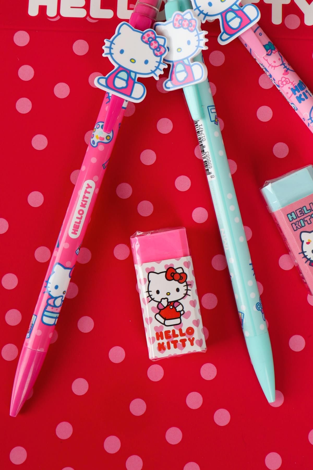 Hello Kitty-Hello Kitty New Season Licensed 2D Figured Versatil Tip Pen 0.7 mm and Eraser Set 5
