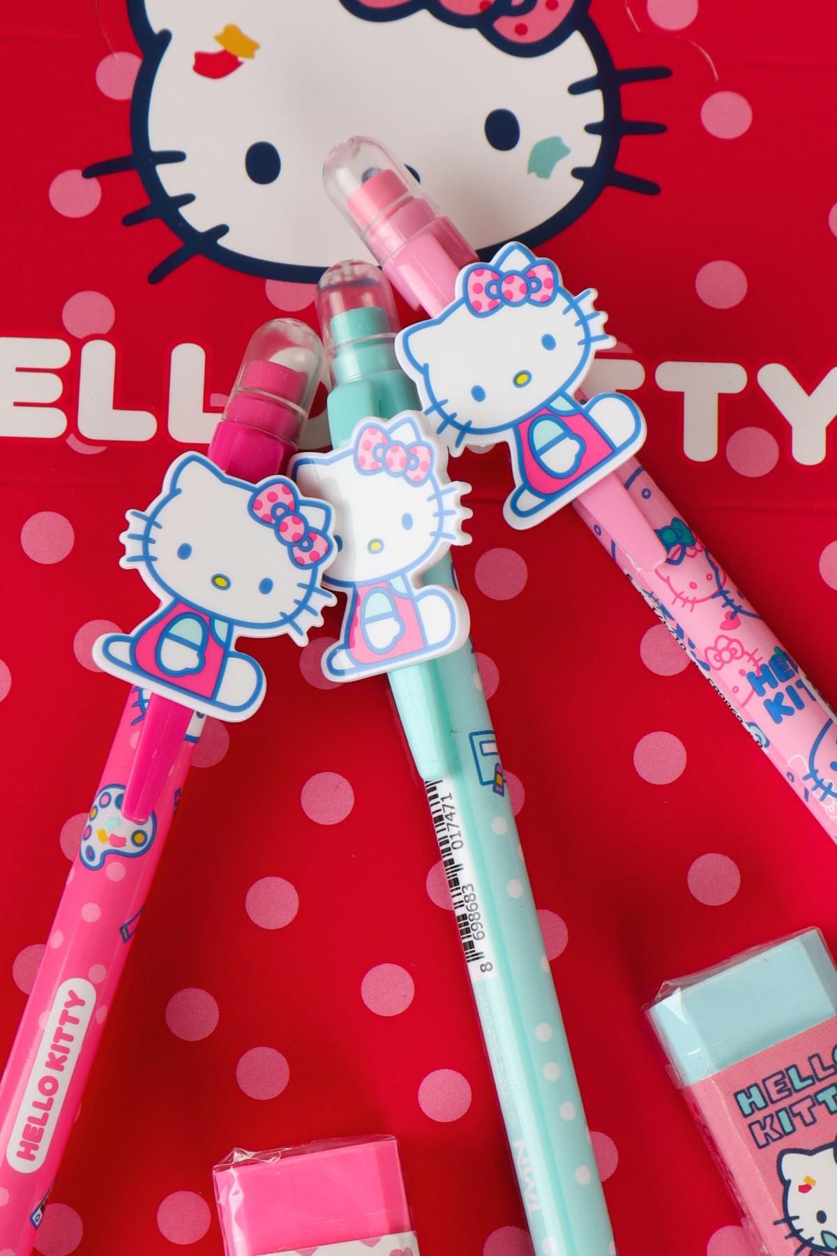Hello Kitty-Hello Kitty New Season Licensed 2D Figured Versatil Tip Pen 0.7 mm and Eraser Set 3