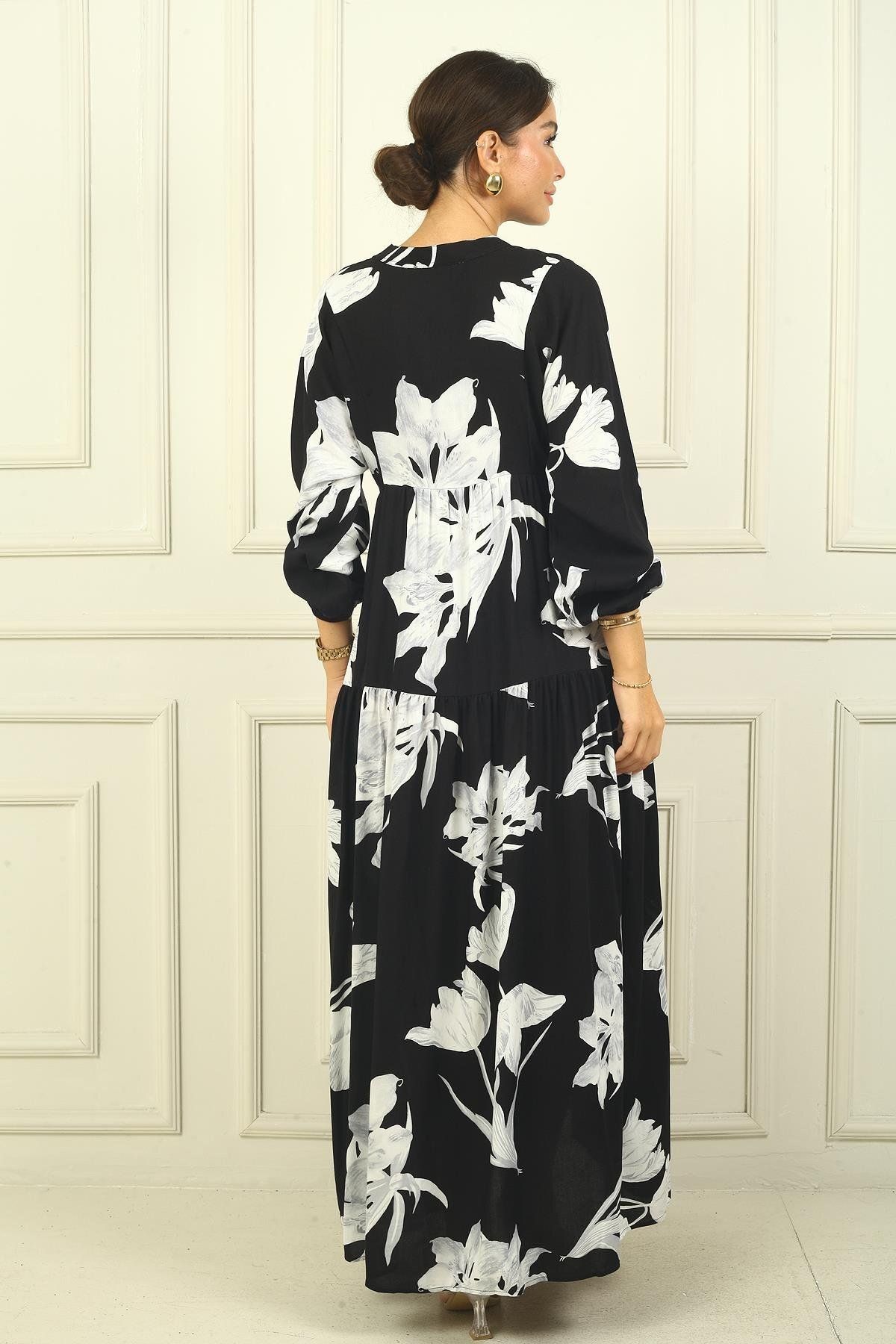 By Saygı-Half Buttoned Front Elastic Sleeve Rose Pattern Printed Hijab Long Dress 4