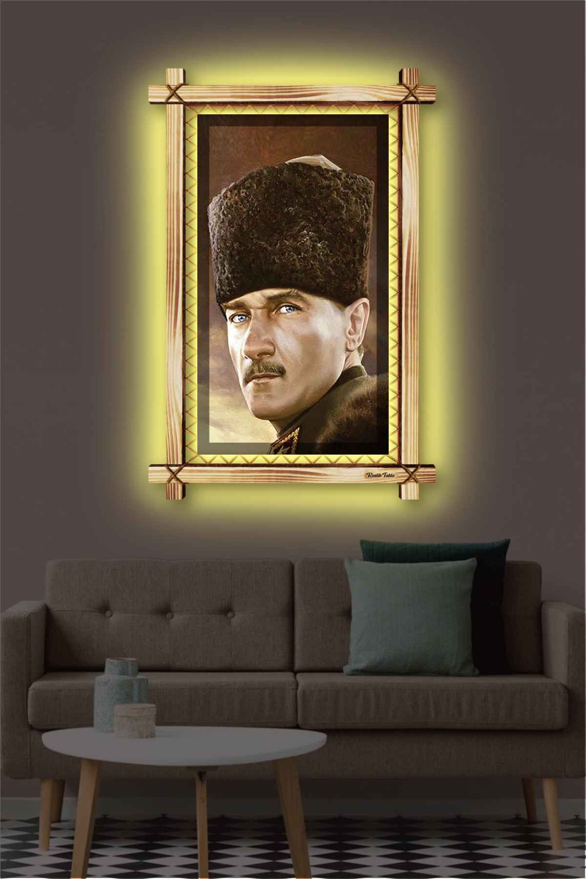 First Date PASTEL ATATÜRK RUSTİK LEDLİ TABLO