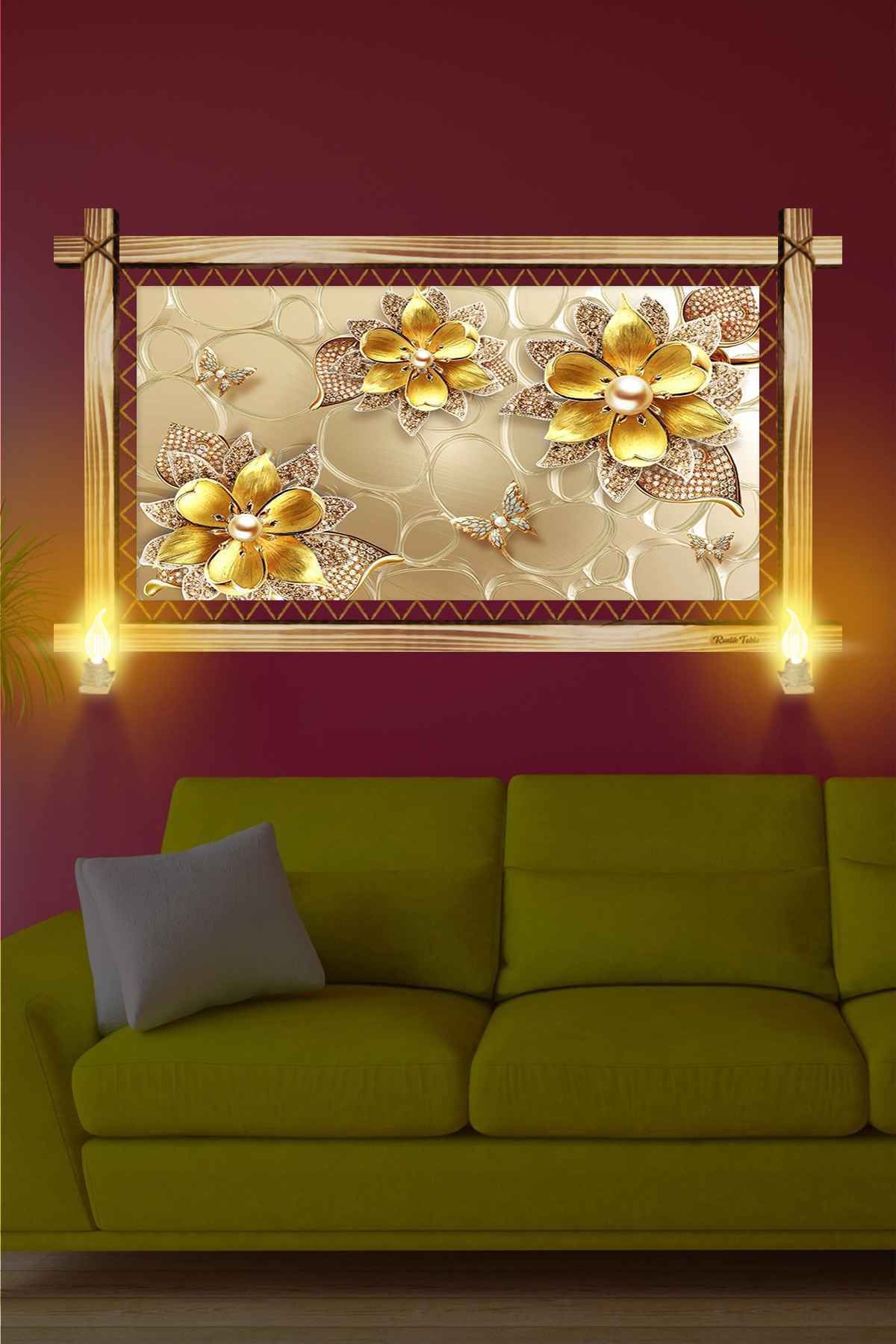 First Date GOLD ÇİÇELER RUSTİK LAMBALI TABLO