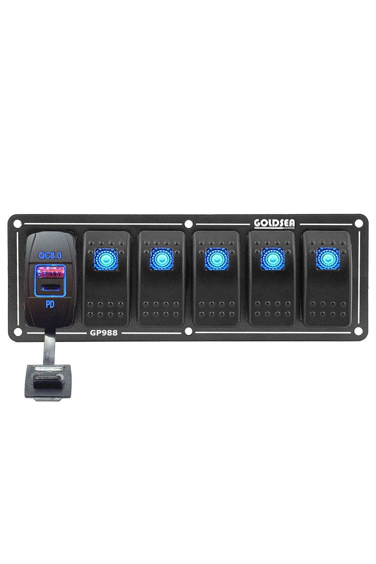 Somay Store 5 Anahtarlı Switch Panel Slim Model Usb 3.0 Type-C Soketli Mavi Işıklı 12-24V 65x181mm