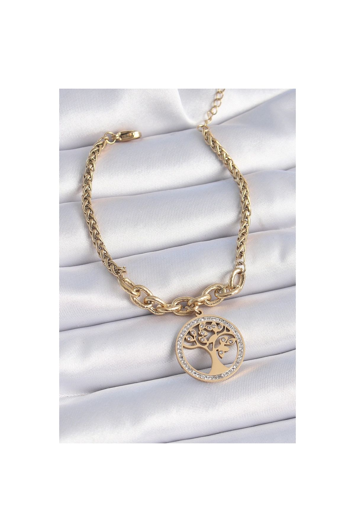 Narnuga 316L Çelik Gold Renk Zirkon Taşlı Yaşam Ağacı Figür Kadın Bileklik - TJ-BB6452