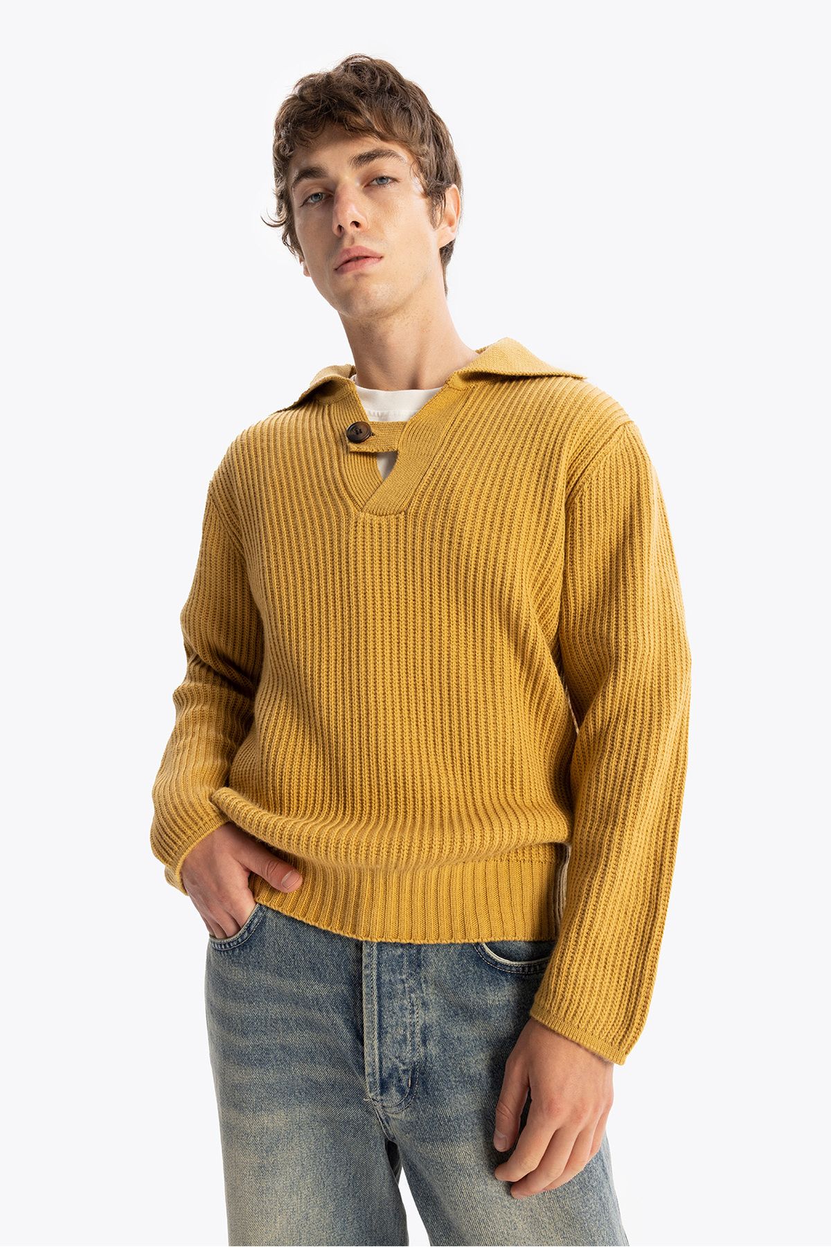 GIESTO-Mustard Buttoned Knitwear Sweater 2