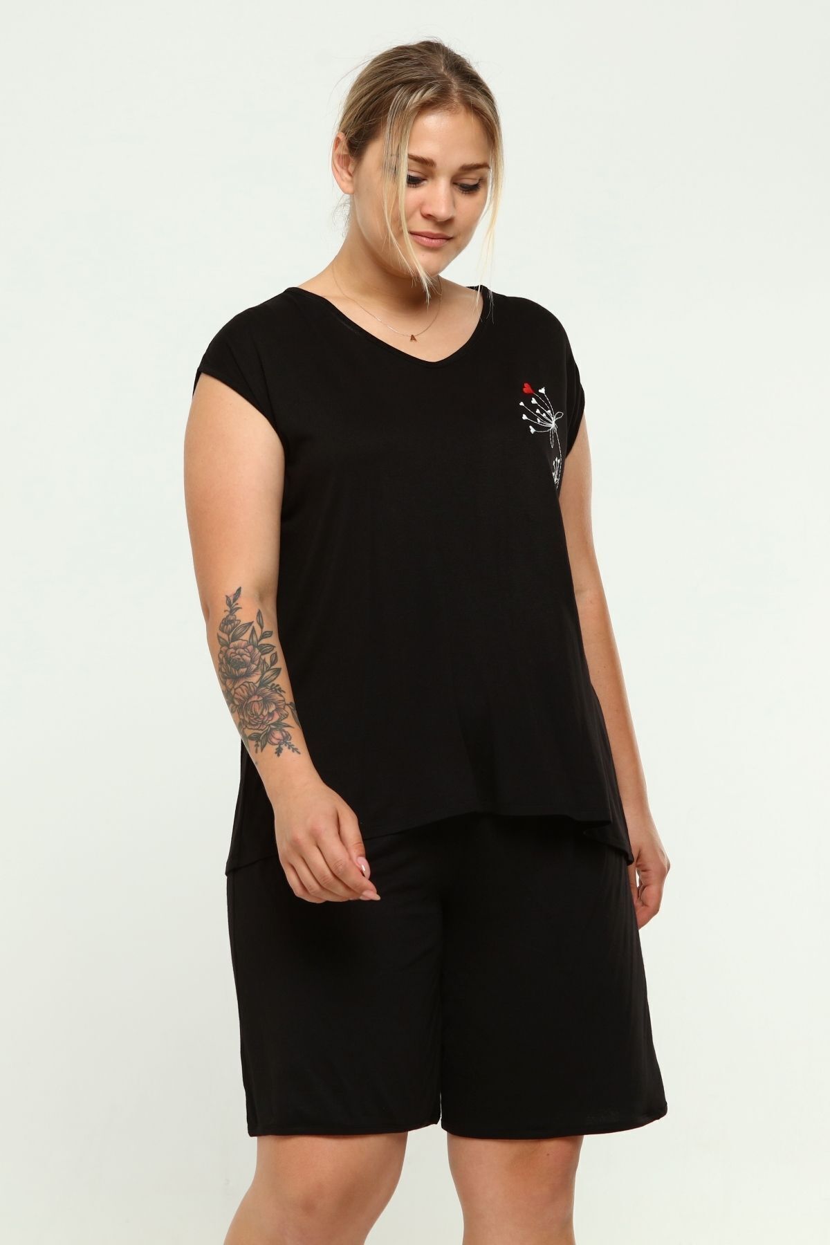 tarzımsüper-Plus Size ComfortaBle Curve Shorts Pajama Set - Black 8