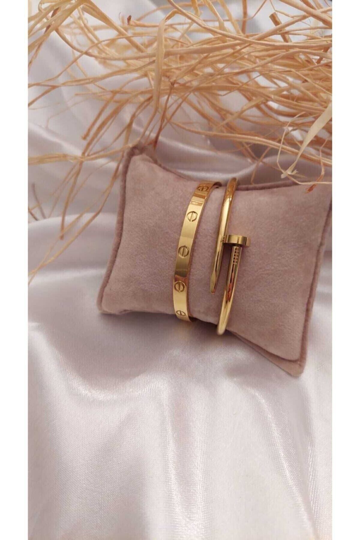 X-Lady Accessories Altın Renk Çivi Ve Cartier Bileklik Set