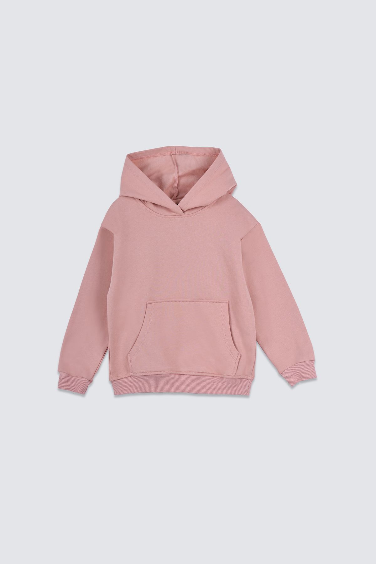 Basic Kapüşonlu Şardonlu Kanguru Cep Detaylı Çocuk Sweatshirt 3-10 Yaş Pudra