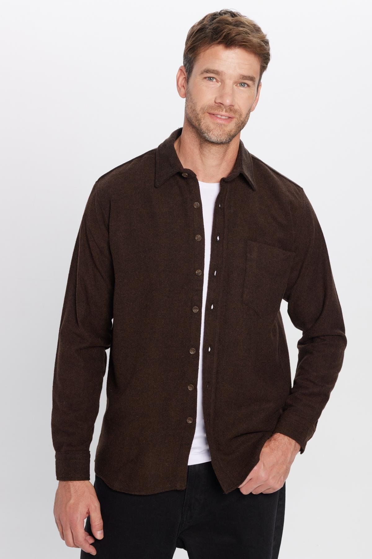 Tudors-Men's Classic Fit Regular Cut Lumberjack Single Pocket Brown Plain Winter Shirt 2