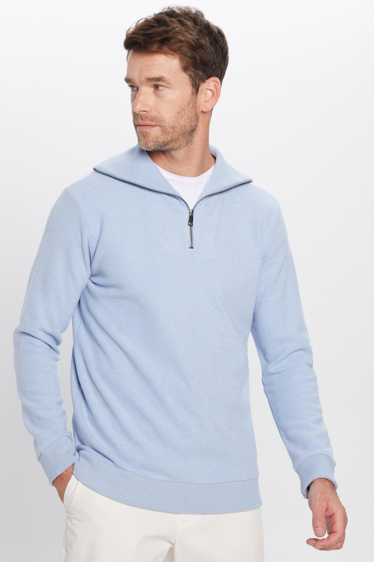 Tudors-Unisex Relax Fit Comfortable Cut Ribbed Patterned Cotton Half Zipper Blue Stand Collar Sweatshirt 2