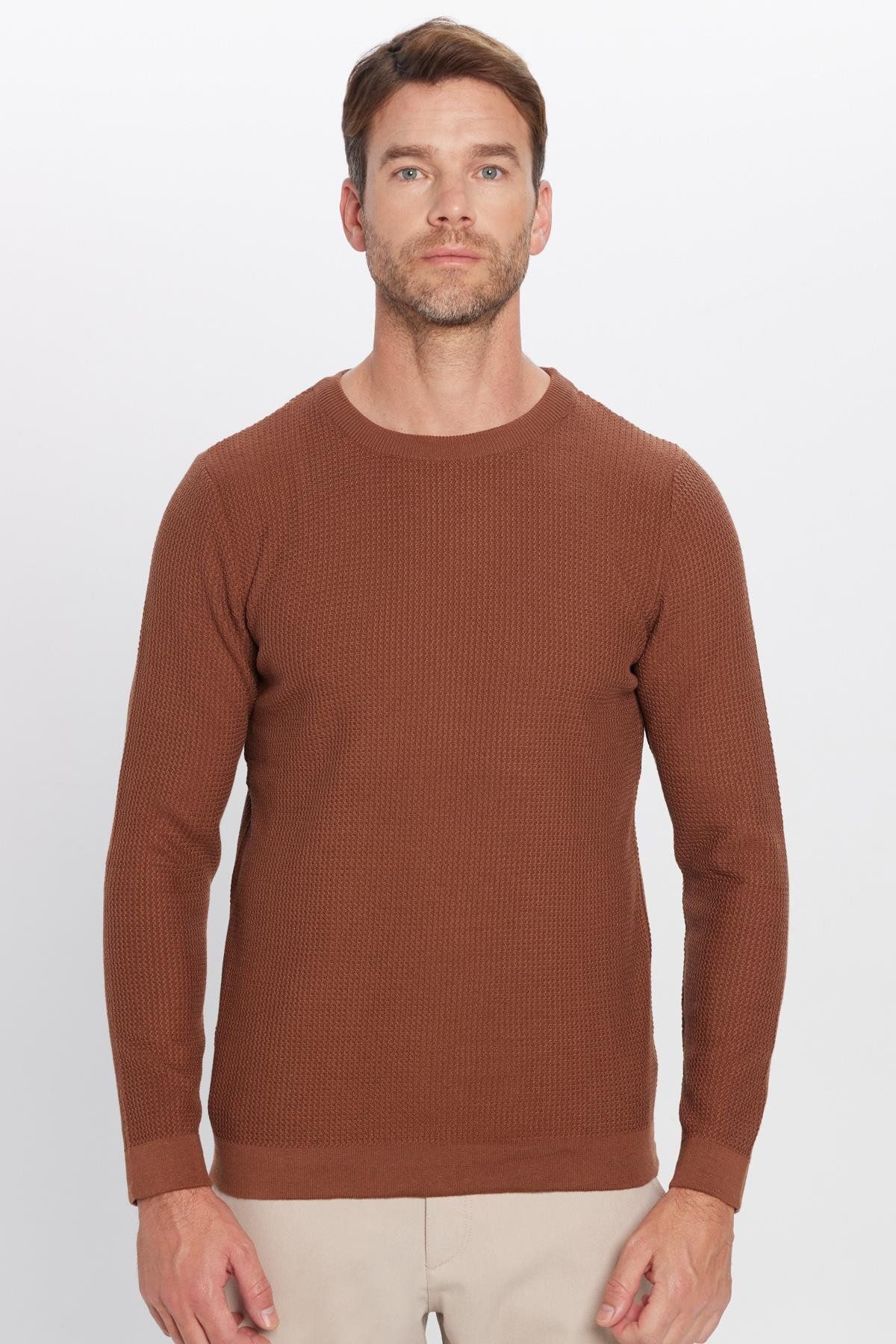 Tudors-Slim Fit Crew Neck Patterned Tan Men's Sweater 5