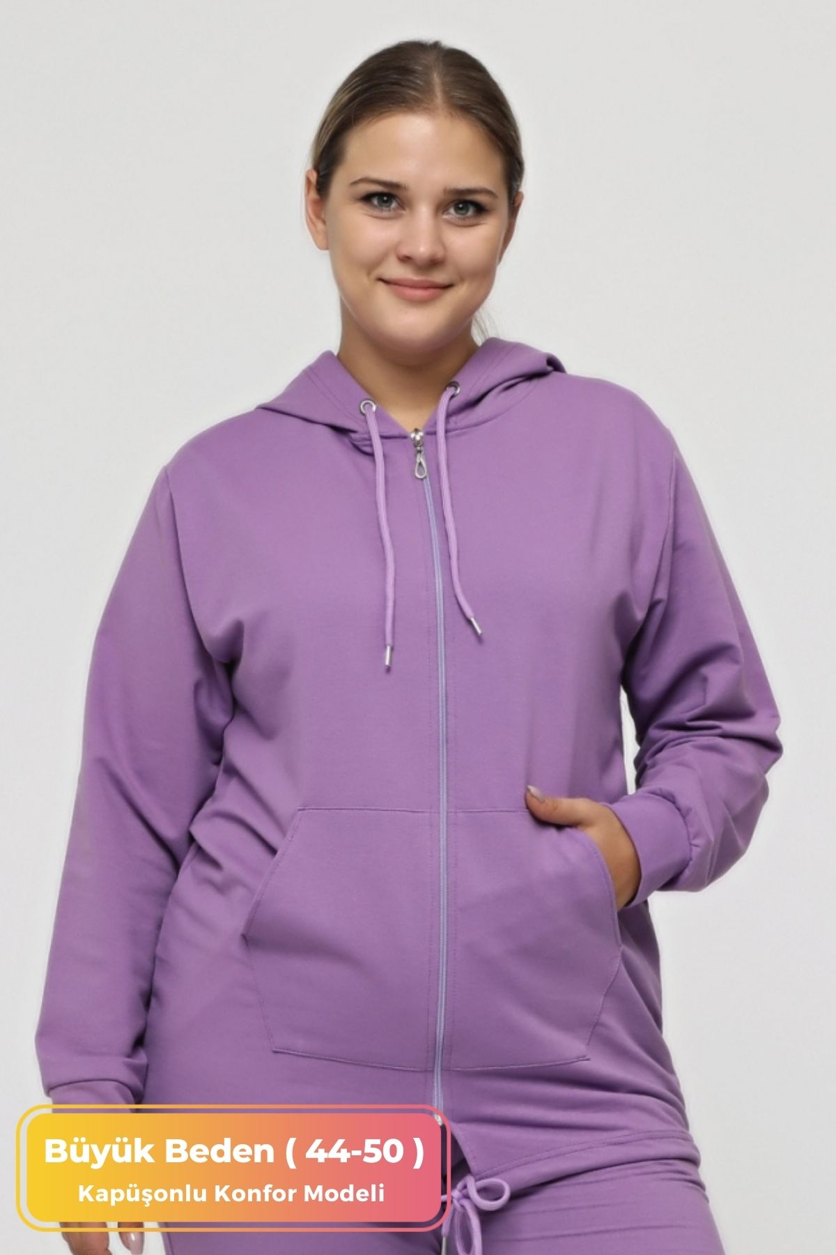 tarzımsüper Kadın Büyük Beden Kapüşonlu Fermuarlı Model 2 Cepli Uzun Lila Spor & Günlük Sweatshirt Mor