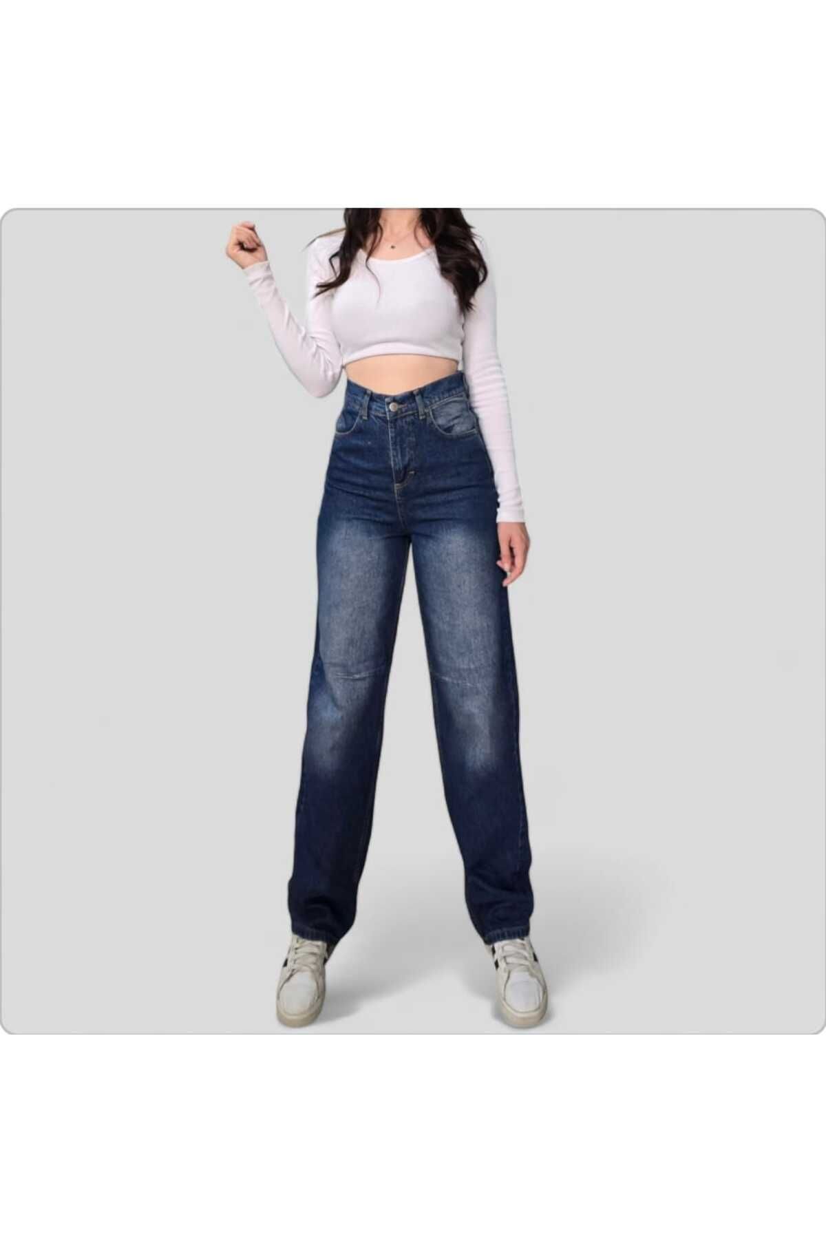 TRENDNATUREL-Blue Baggy Jeans - Buckle Detailed, Green Tint, Chemical, Super High Waist, Lycra Free 2