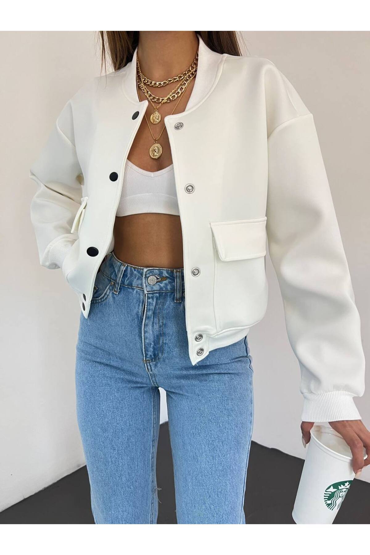 Butik Beyza Kadın Esnek Likralı Scuba Kumaş Bomber Ceket görsel 4