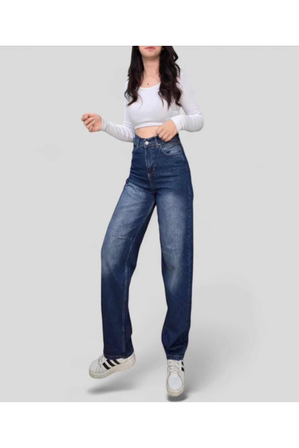 TRENDNATUREL-Blue Baggy Jeans - Buckle Detailed, Green Tint, Chemical, Super High Waist, Lycra Free 8