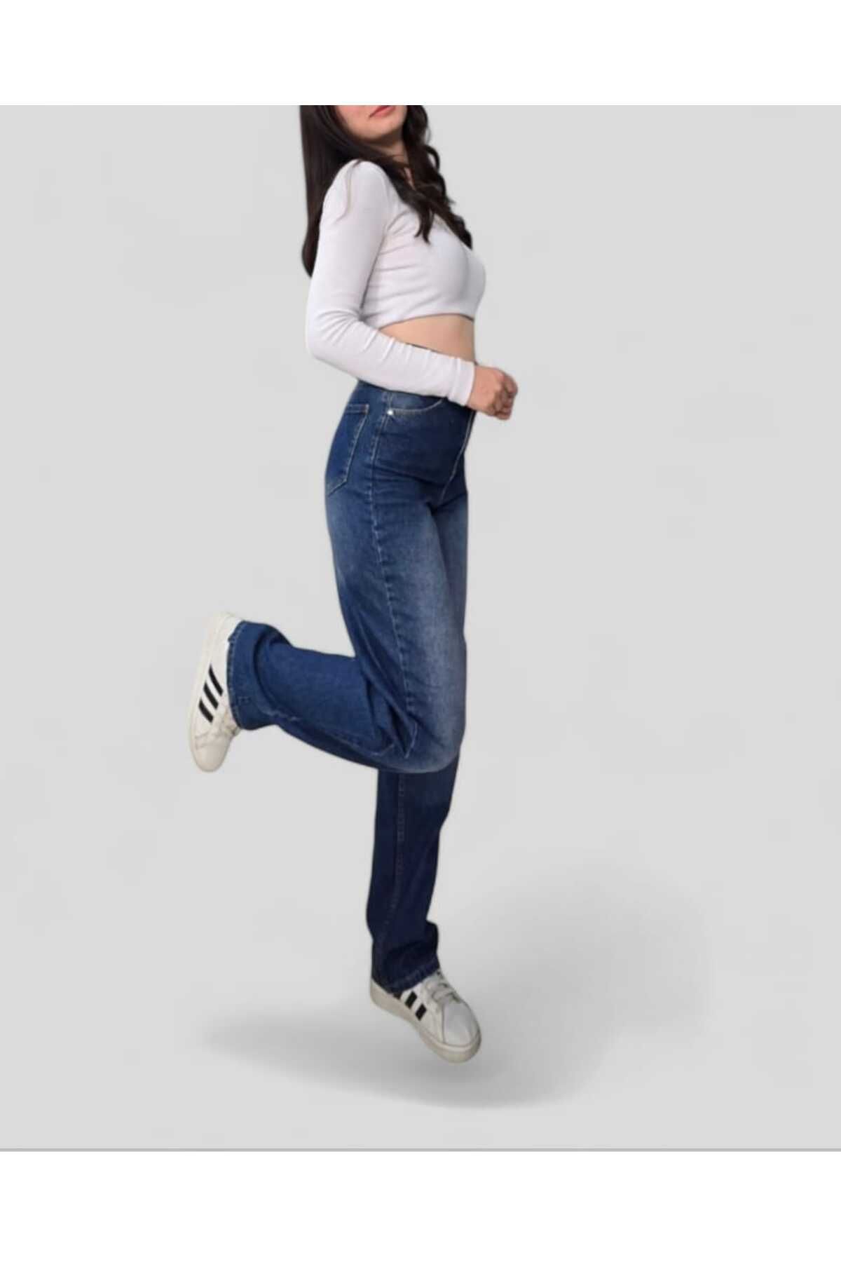 TRENDNATUREL-Blue Baggy Jeans - Buckle Detailed, Green Tint, Chemical, Super High Waist, Lycra Free 3