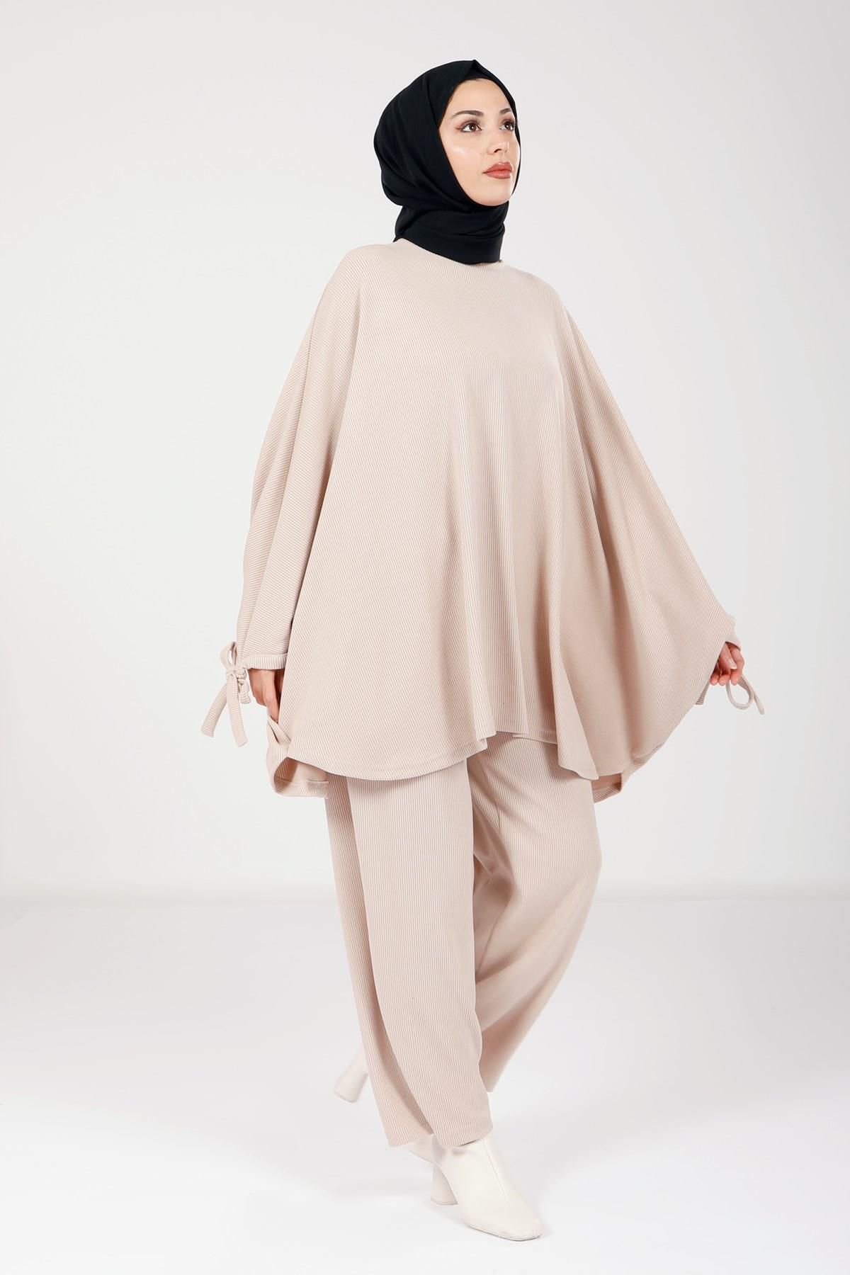 پانچو پوشیده زنانه رنگ سنگ HIJAB PONCHO شلوار 9112 Beyza
