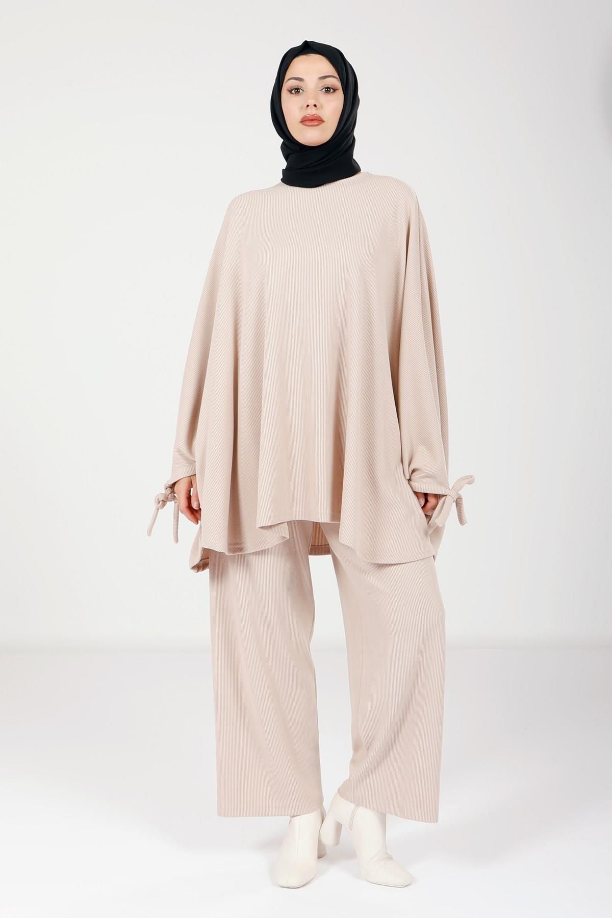 پانچو پوشیده زنانه رنگ سنگ HIJAB PONCHO شلوار 9112 Beyza
