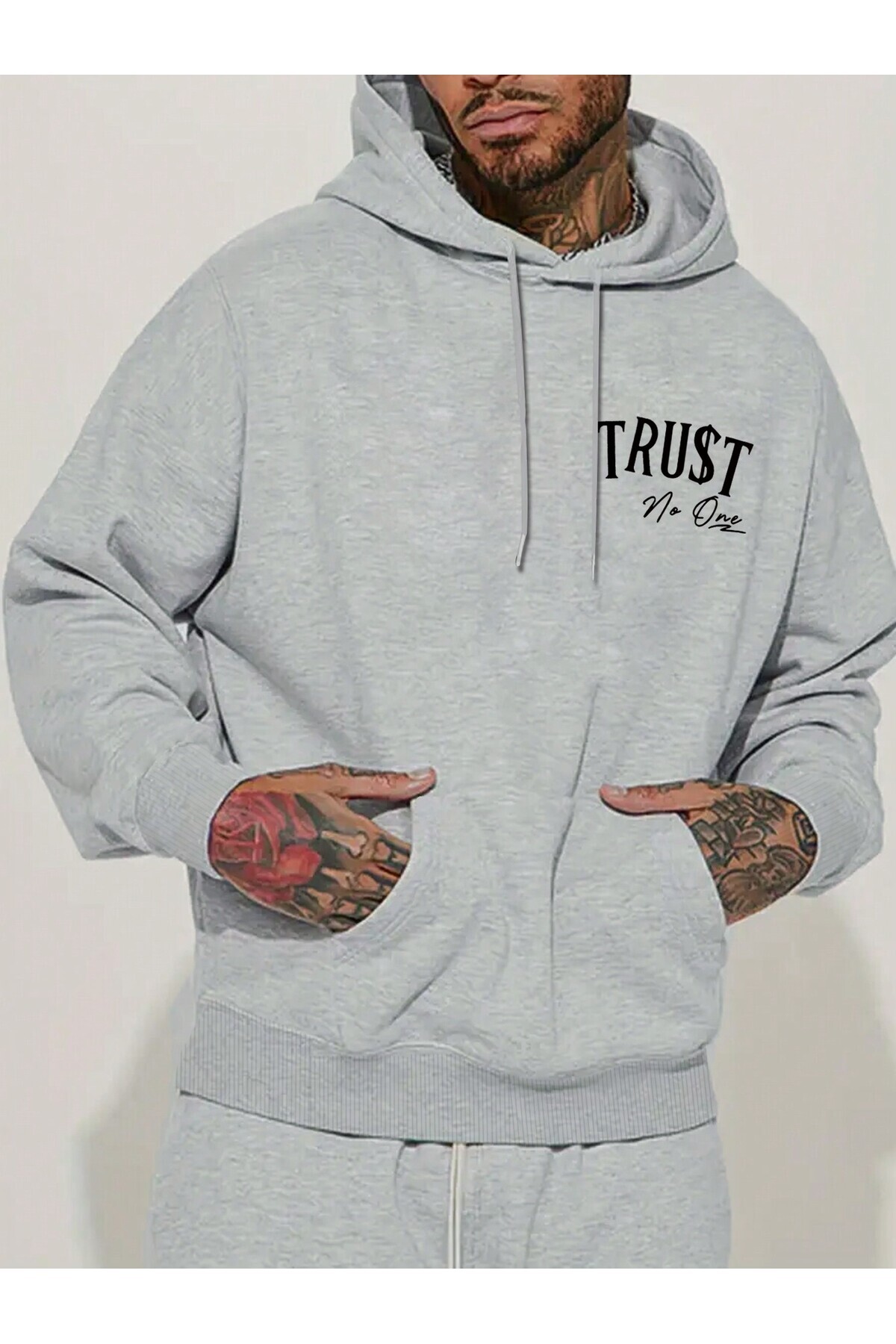 Pink Sky kimseye güvenme ön baskılı gri kapüşonlu sweatshirt