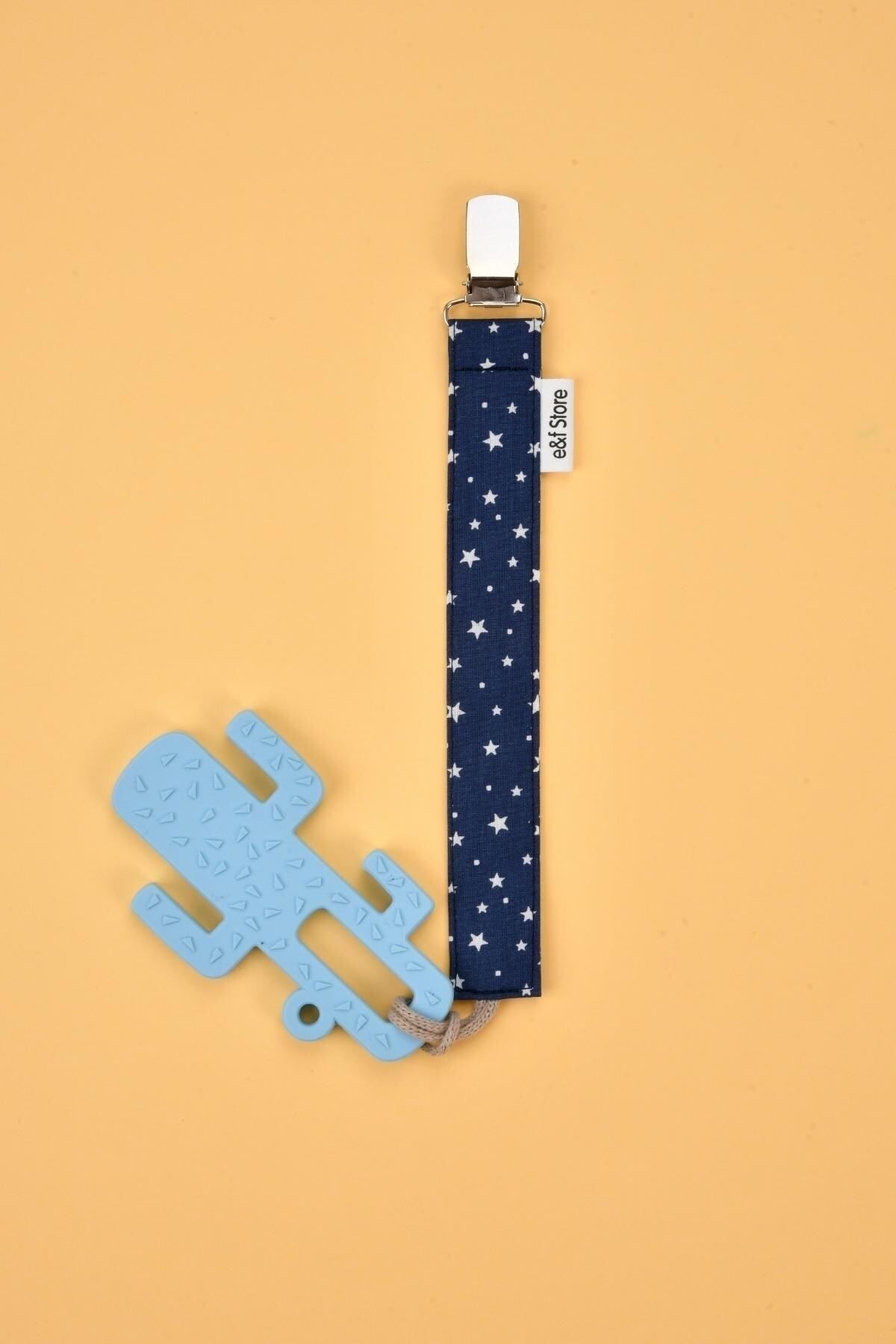 e&f Store Sertifikalı Pamuklu Emzik Askısı - Yıldız Desenli Lacivert - Bebek Emzik Zinciri fotoğrafı 3 (önizleme)