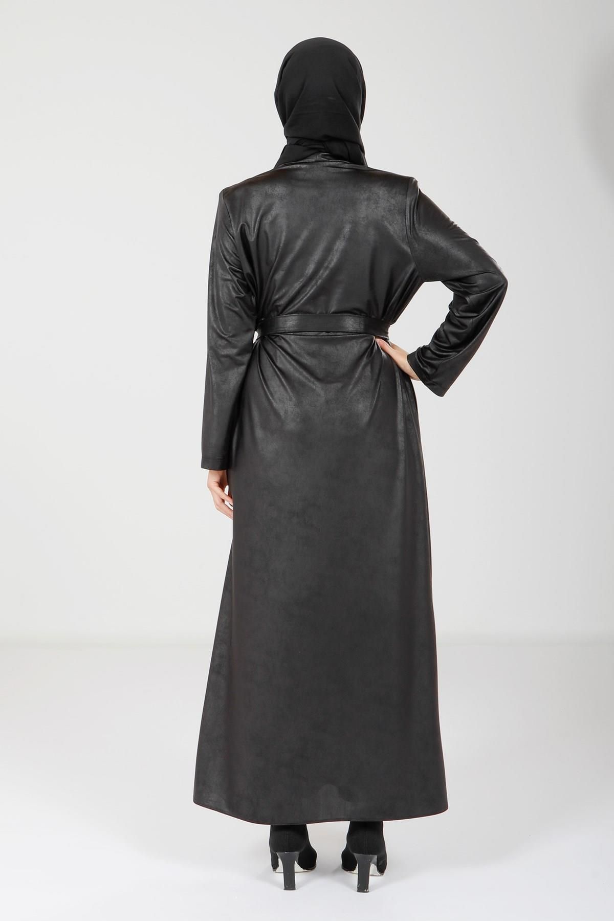 مانتو و عبای پوشیده زنانه چرم نگاه سیاه ABAYA 9074 Beyza
