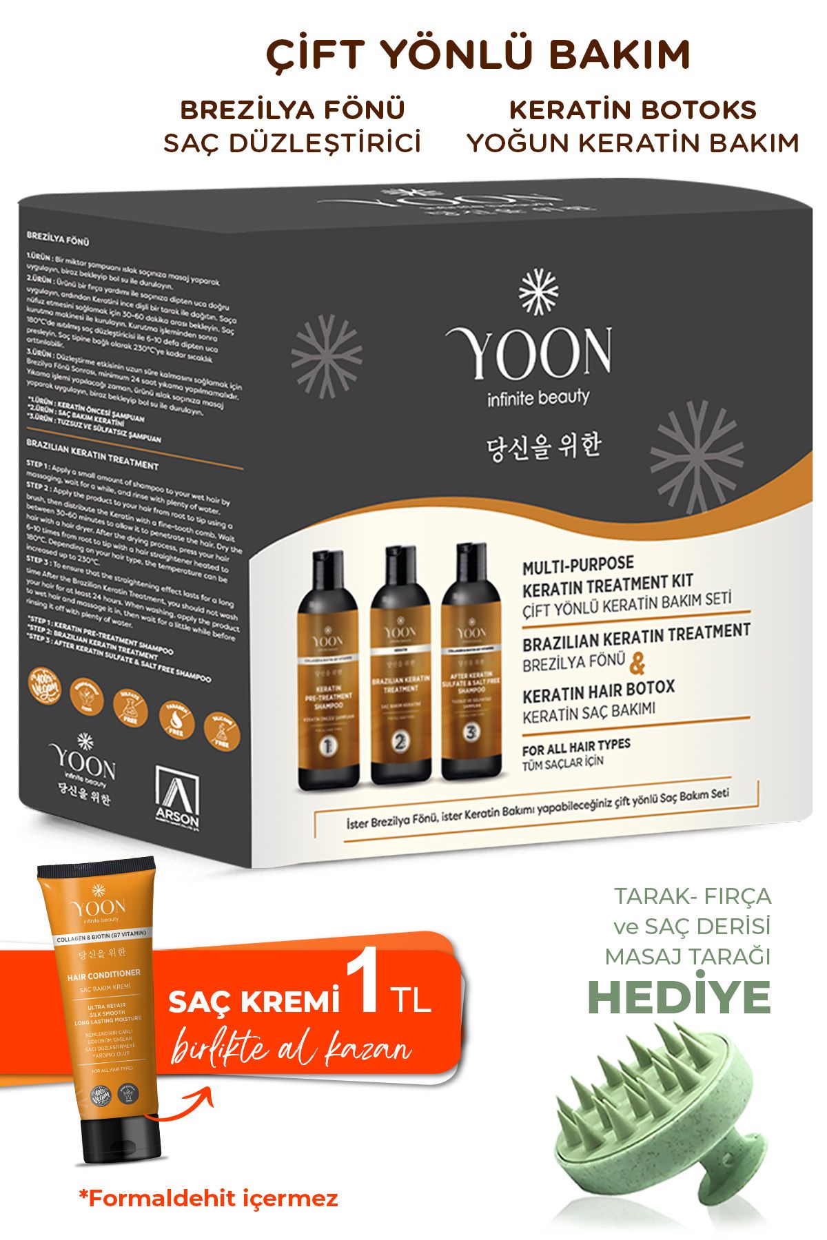 YOON Brezilya Fönü, Saç Düzleştirme & Keratin Botoks, Güçlendirici Ve Besleyici Evde Keratin Bakım Seti