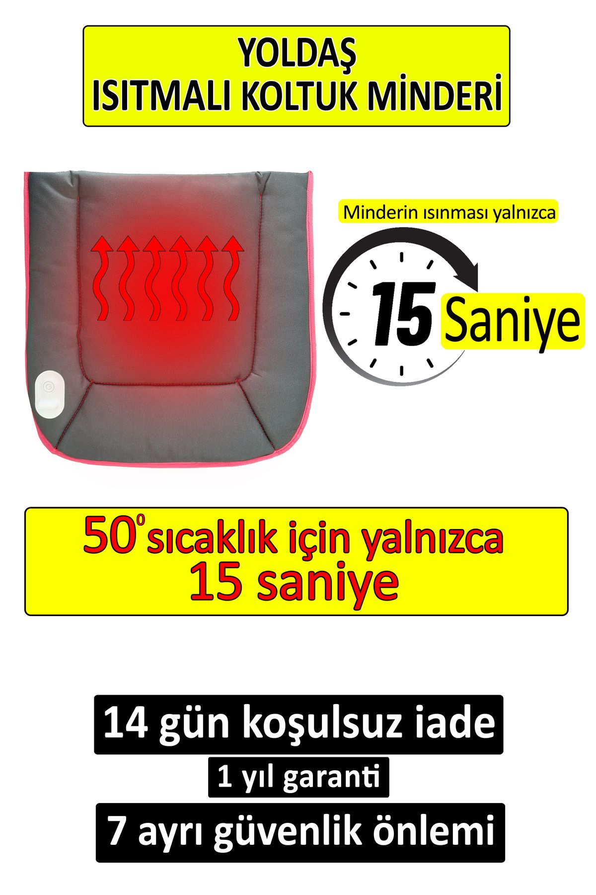 Genel Markalar Yoldaş Isıtmalı Oto Koltuk Minderi, Siyah Renk 15 Saniyede Hızlı Isıtma 1 Yıl Garanti.