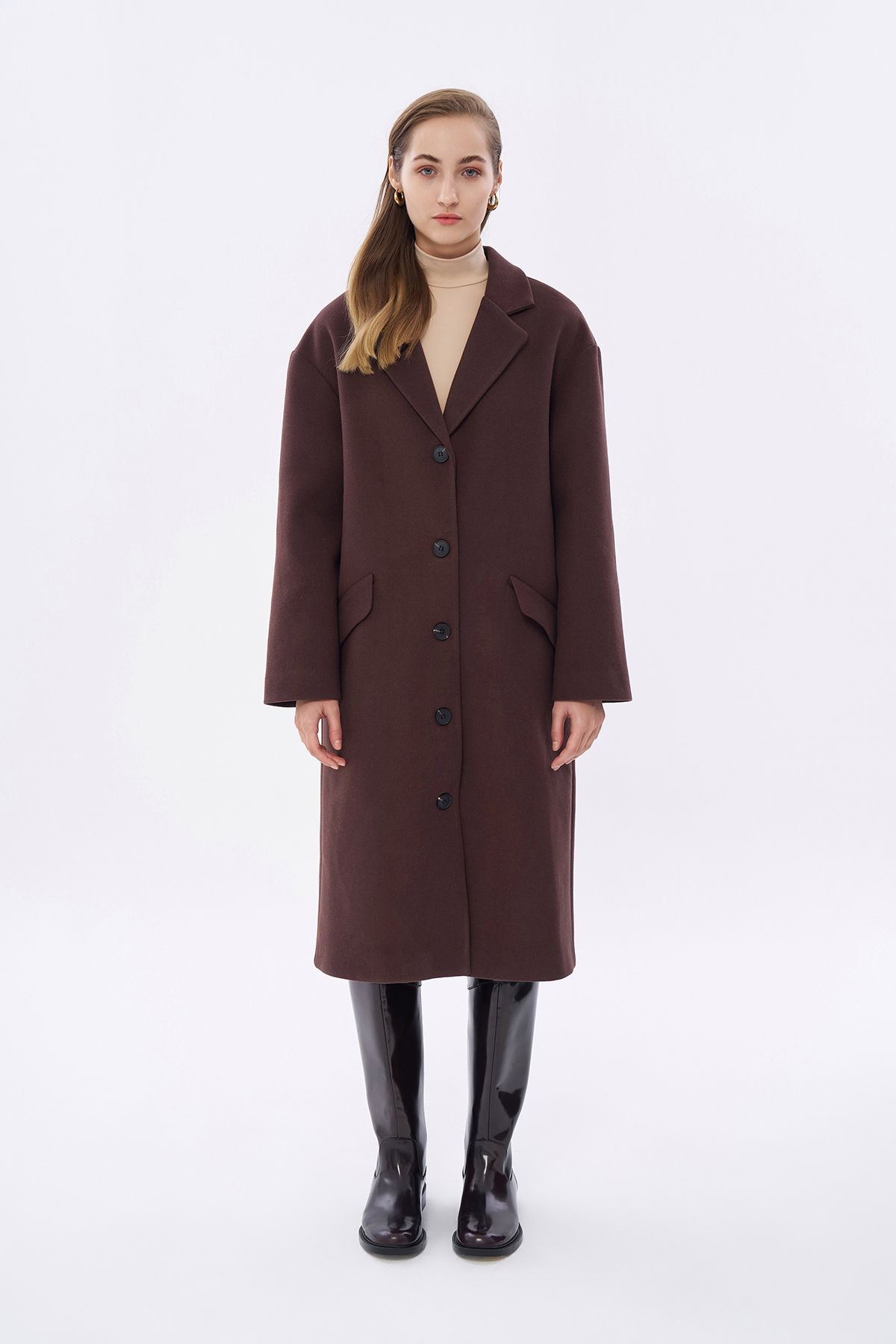 Quzu-Double Breasted Collar Buttoned Long Coat Brown 3