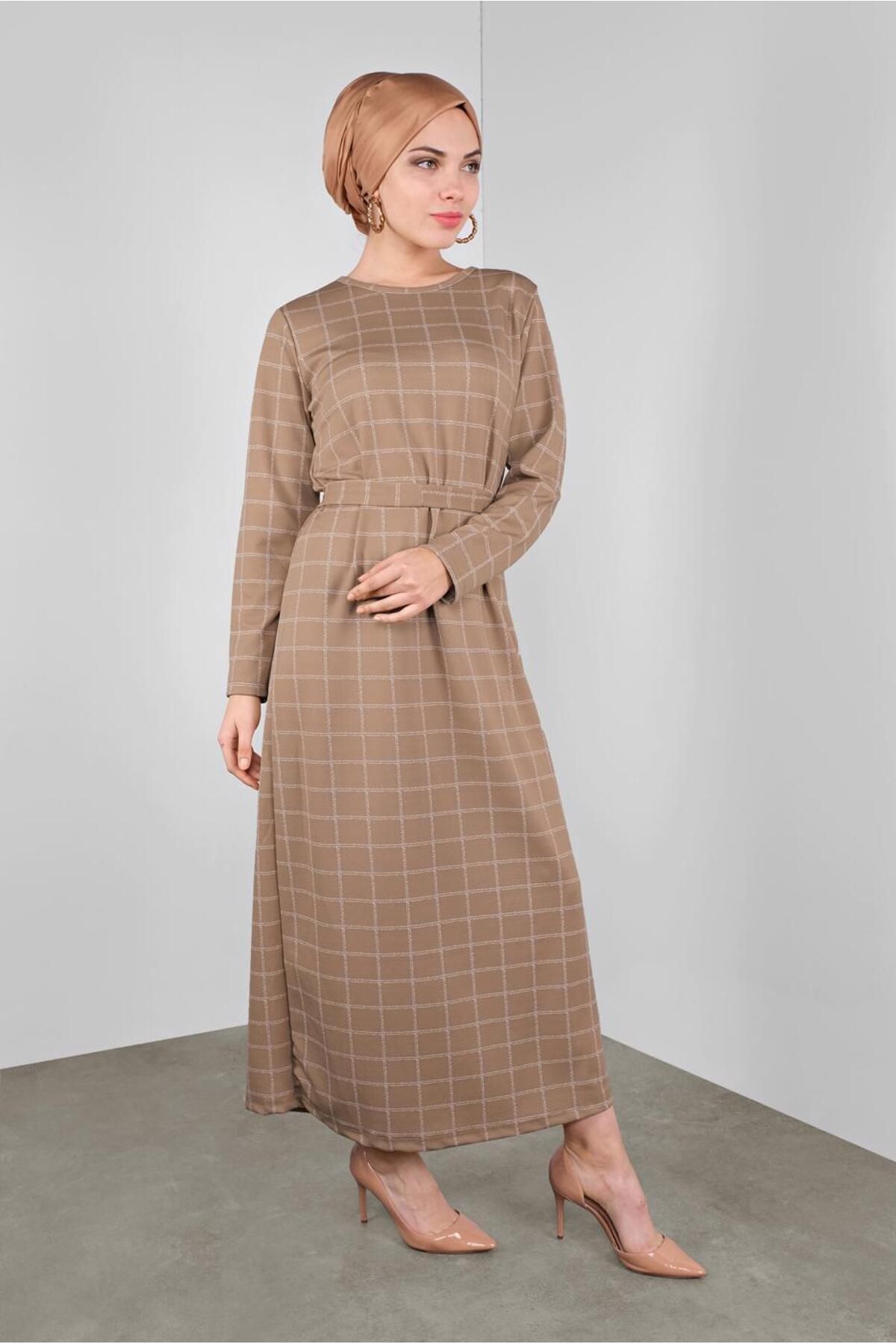 TRENDTESETTÜR-Rochie în carouri cu curea în talie maro (CAMEL) pentru femei 7246 3