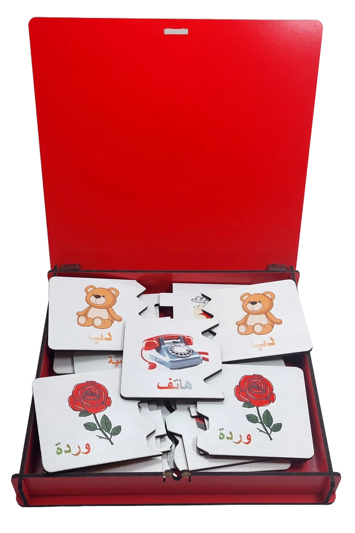 بازی جورکردنی عربی برای کودکان پیش‌دبستانی، کارت‌های چوبی تصویری، جعبه قرمز (۲۴ تکه)