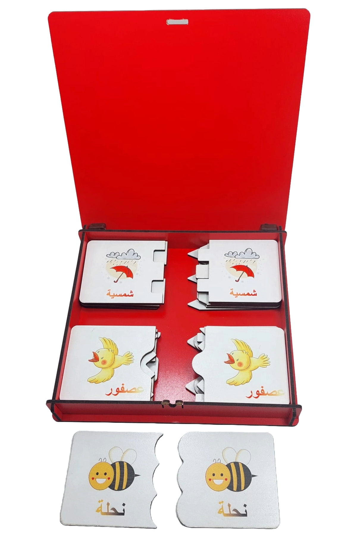 بازی جورکردنی عربی برای کودکان پیش‌دبستانی، کارت‌های چوبی تصویری، جعبه قرمز (۲۴ تکه)