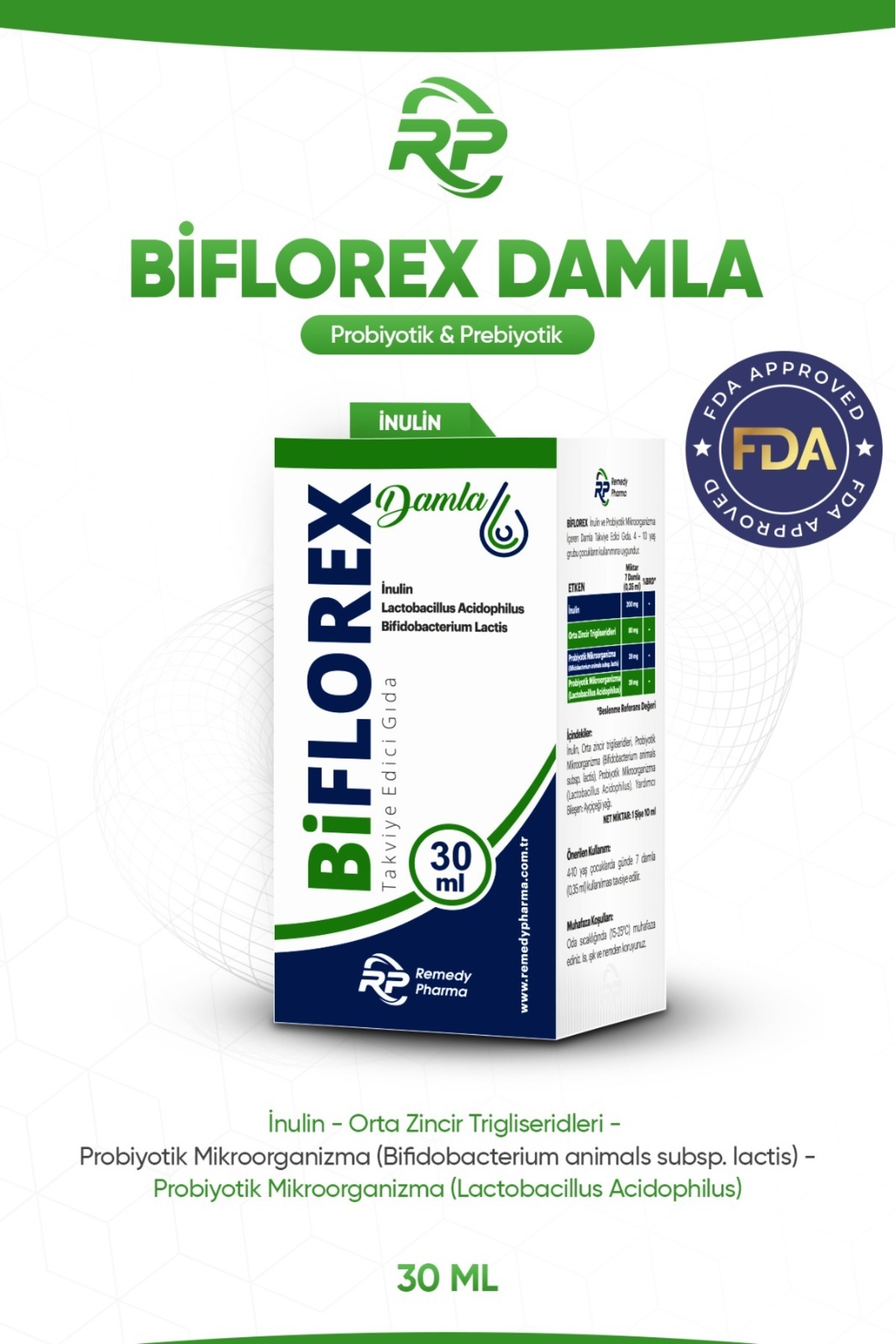 REMEDYPHARMA Biflorex Inulin Ve Porbiyotik Migroorganizma Içeren Damla Takviye Edici Gıda