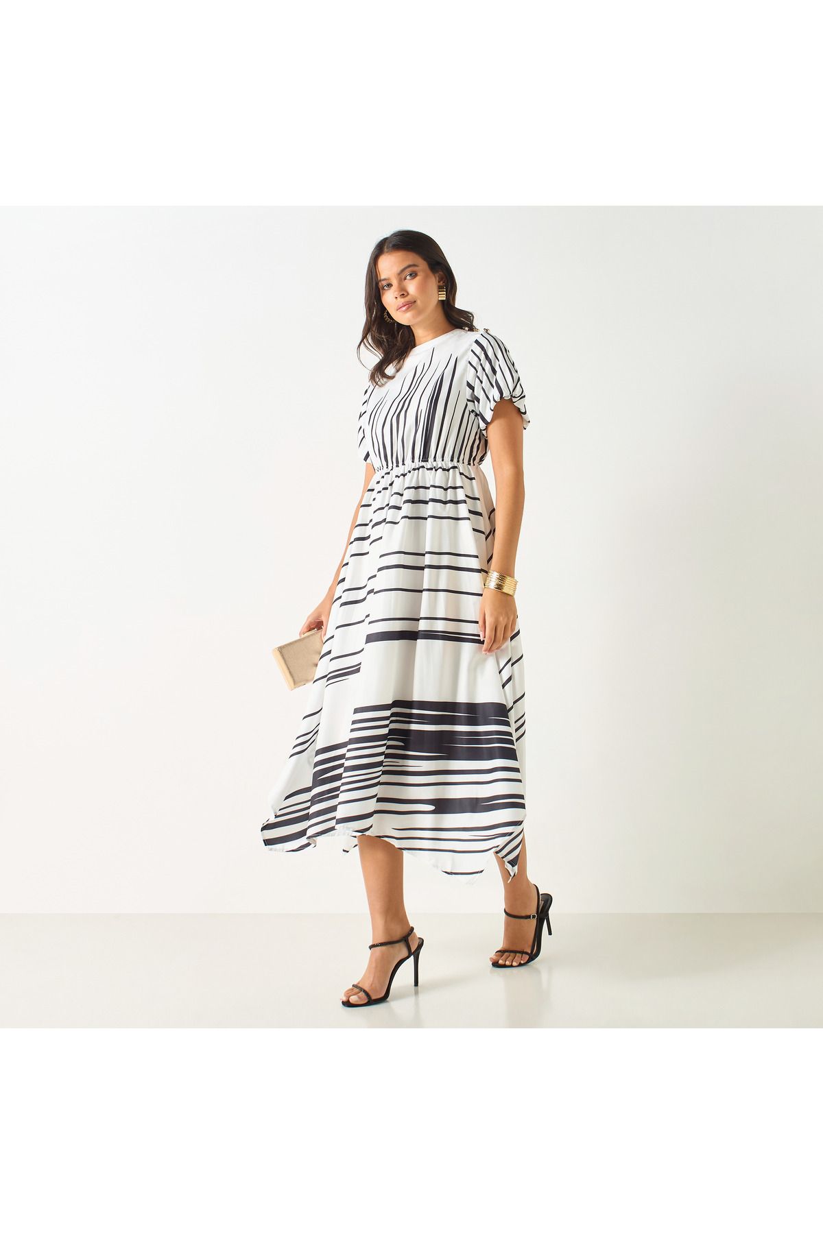 2Xtremz-Striped Dress with Asymmetrical Hemline and Pearl Accent 2