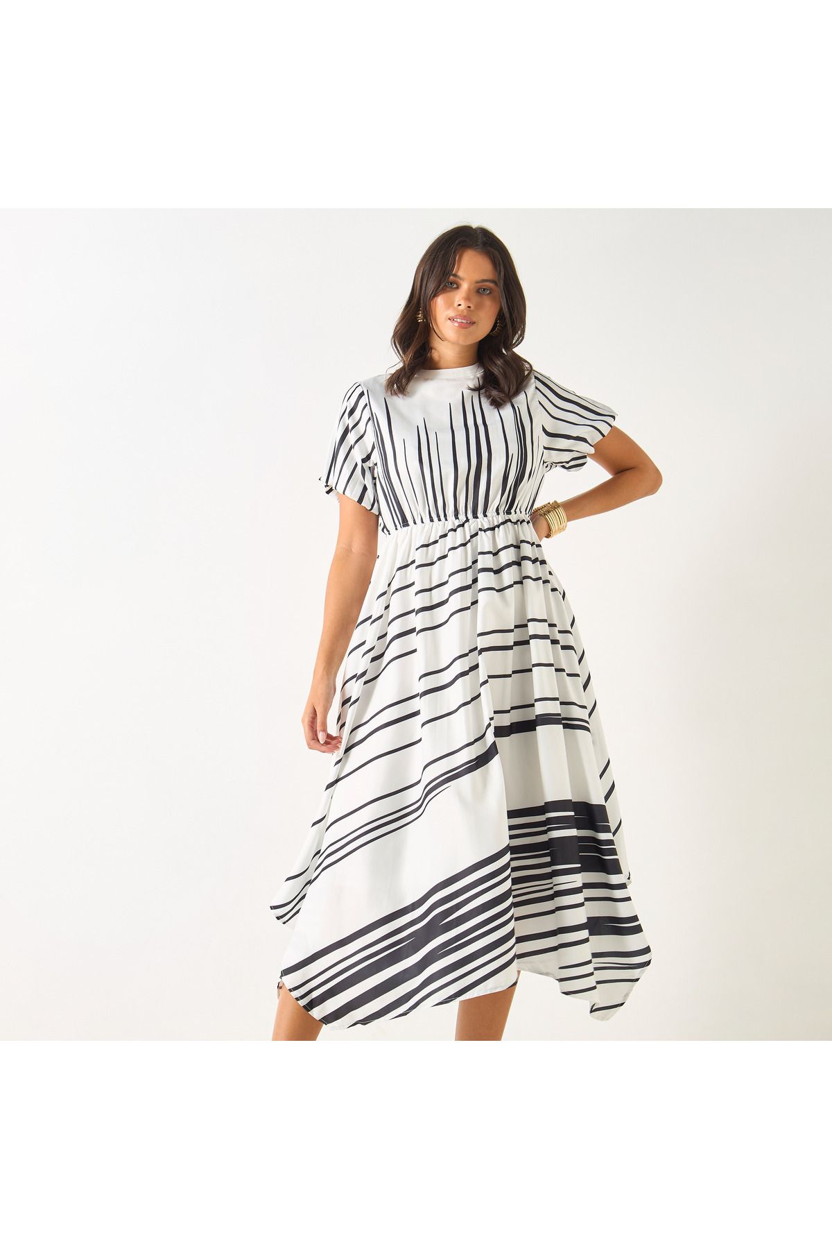 2Xtremz-Striped Dress with Asymmetrical Hemline and Pearl Accent 1