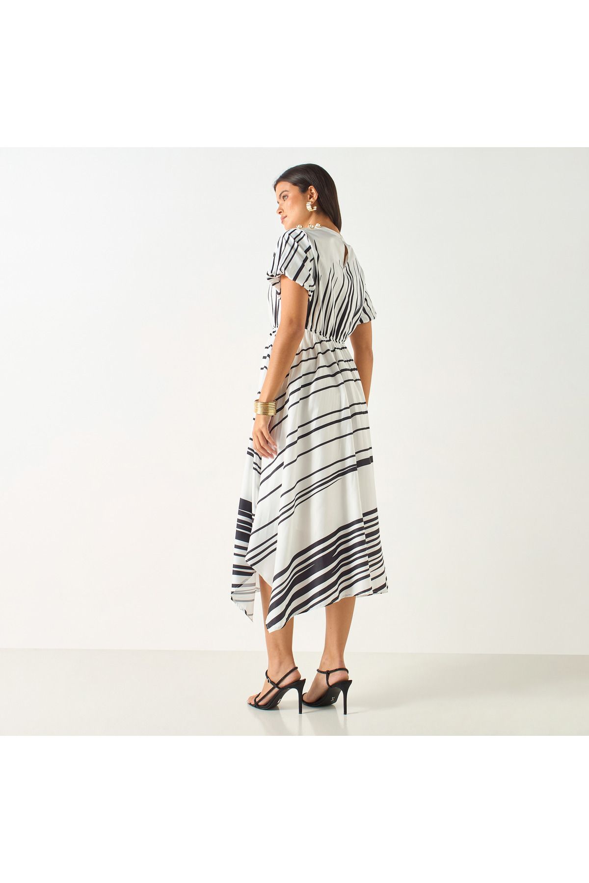 2Xtremz-Striped Dress with Asymmetrical Hemline and Pearl Accent 3