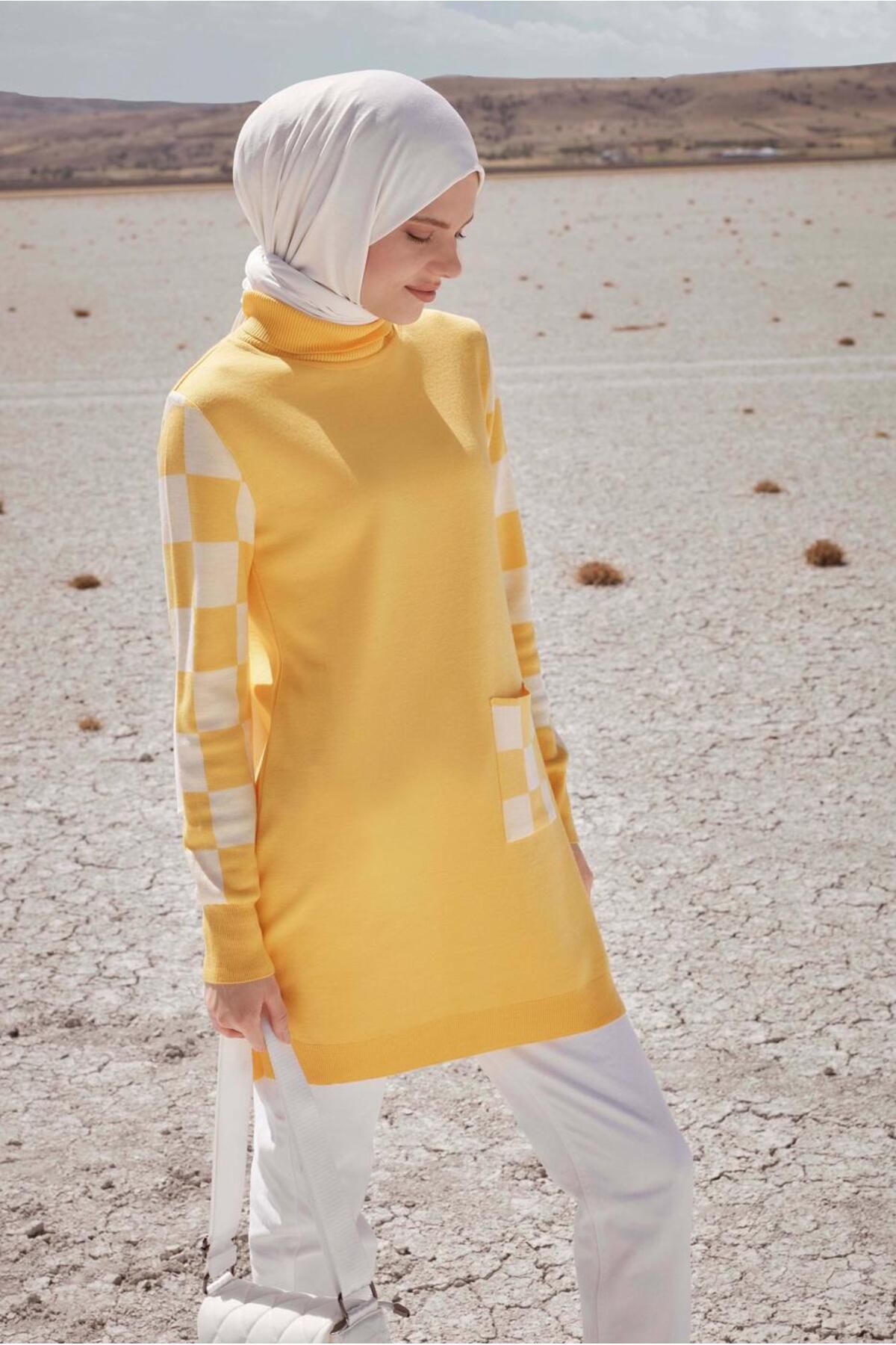 تونیک پوشیده زرد زنانه جیب با طرح مربع TRIKO TUNIC 42022 آلوینا Alvina