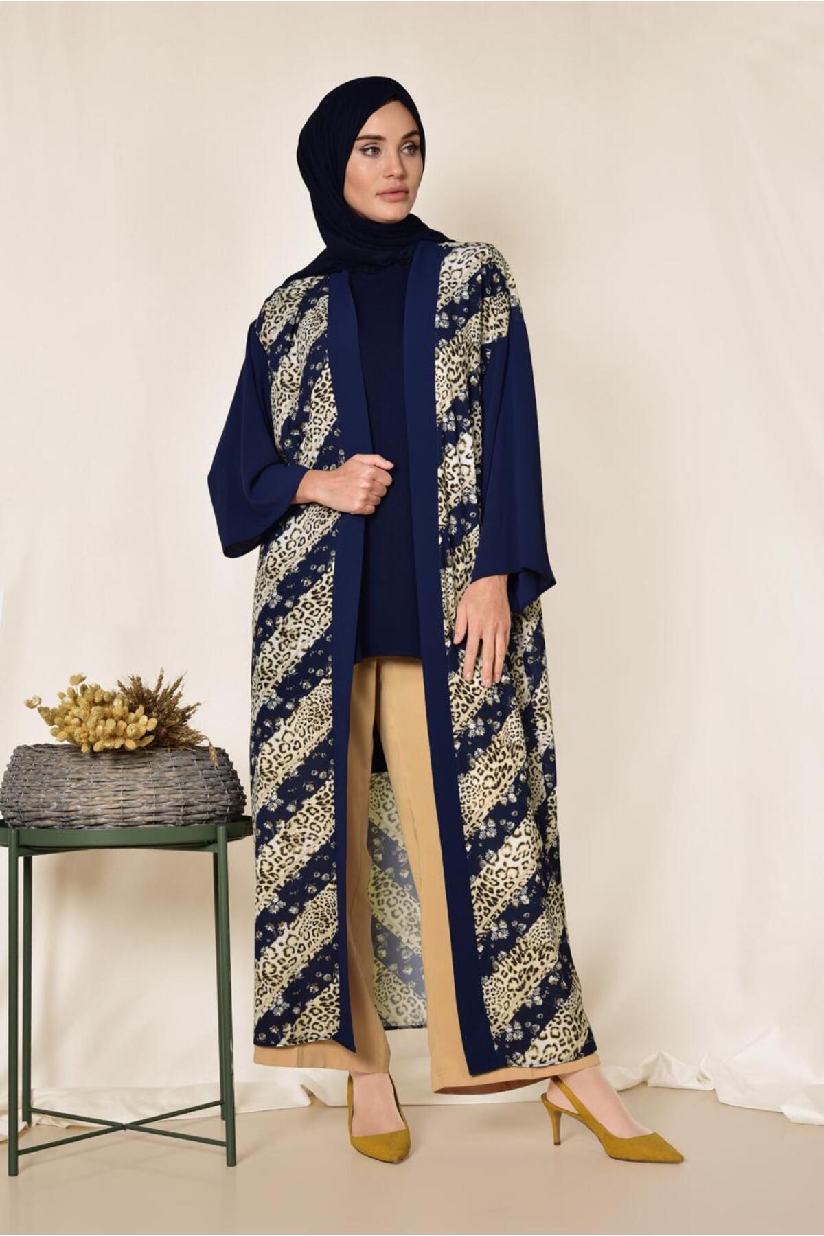 کیمونوی زنانه طرح پلنگی سرمه‌ای کد ۴۹۵۹ TRENDTESETTÜR