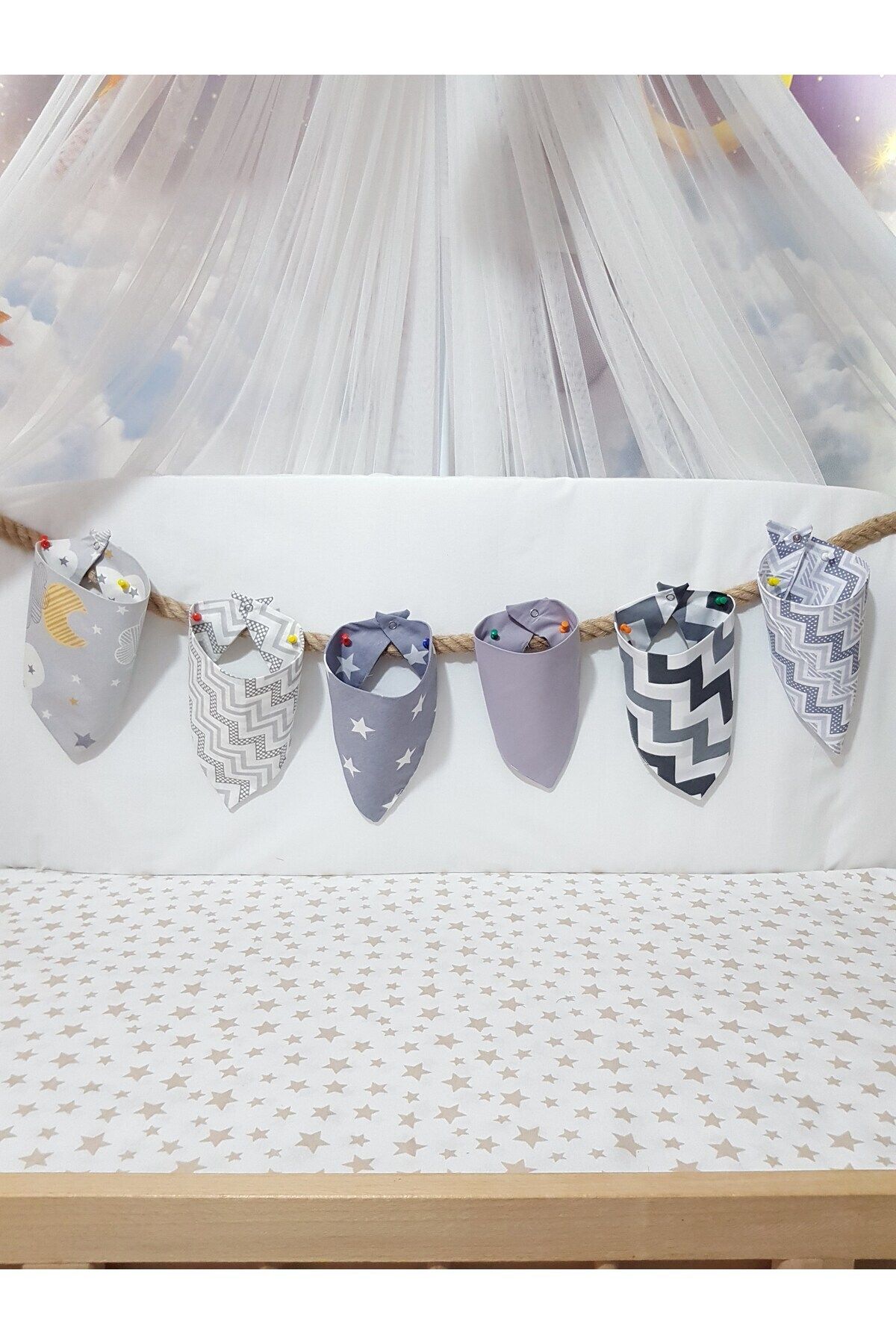 Baby Clime-6 Pieces of Baby Scarf with Gray and White Background - Mixed Pattern, Double Layer Snaps 7