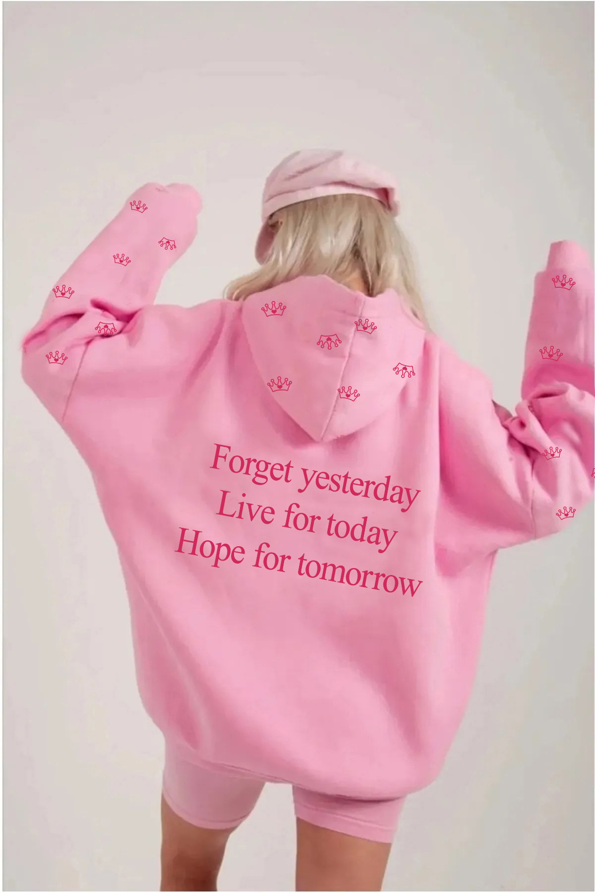 blausee wear Pink Valentine's Day Oversized Comfortable Fit Eye Crown Printed Hooded Sweatshirt