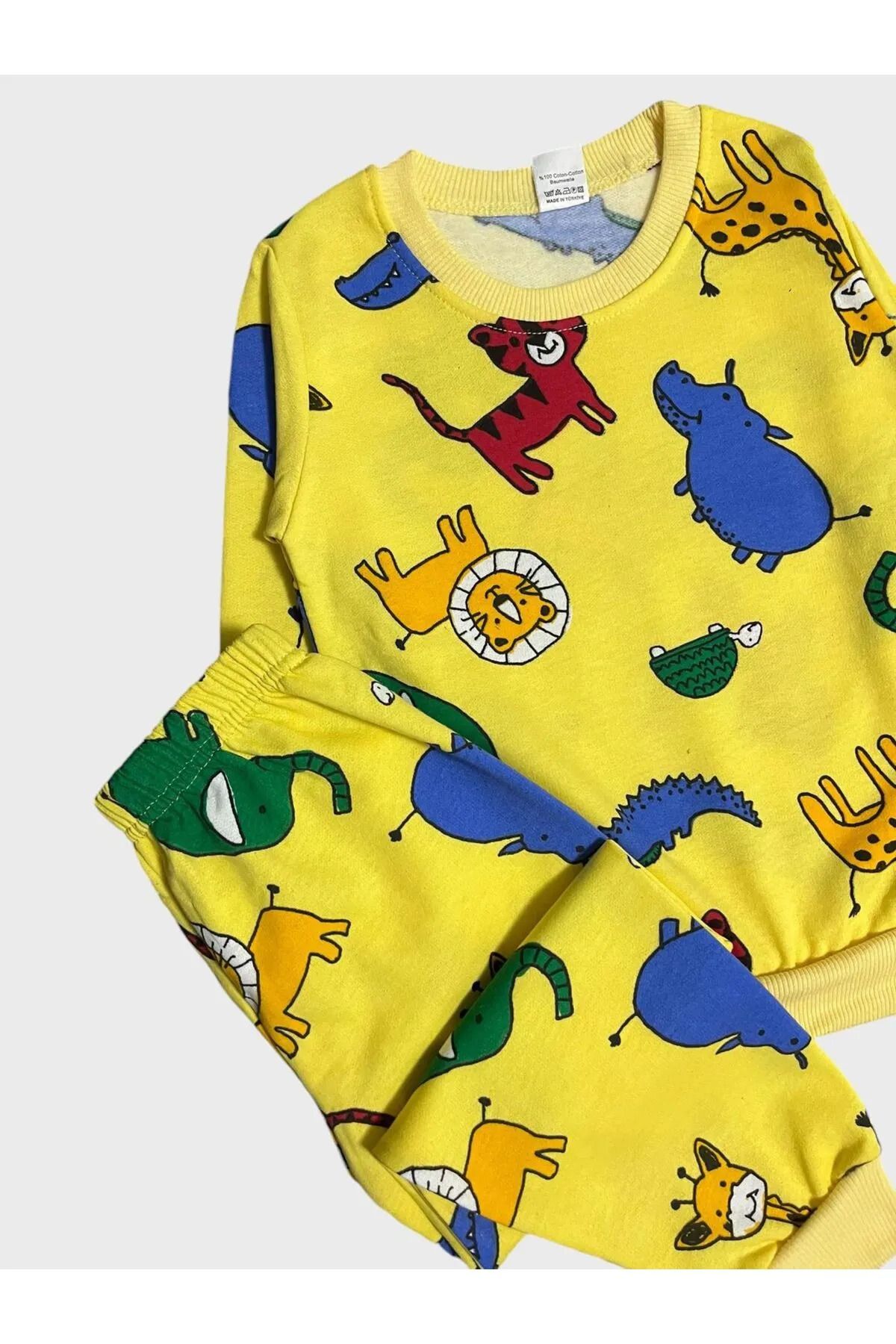 TOFU KİDS-Boy's Cotton Yellow Lion Elephant Zebra Print Long Sleeve Pajamas Set 2