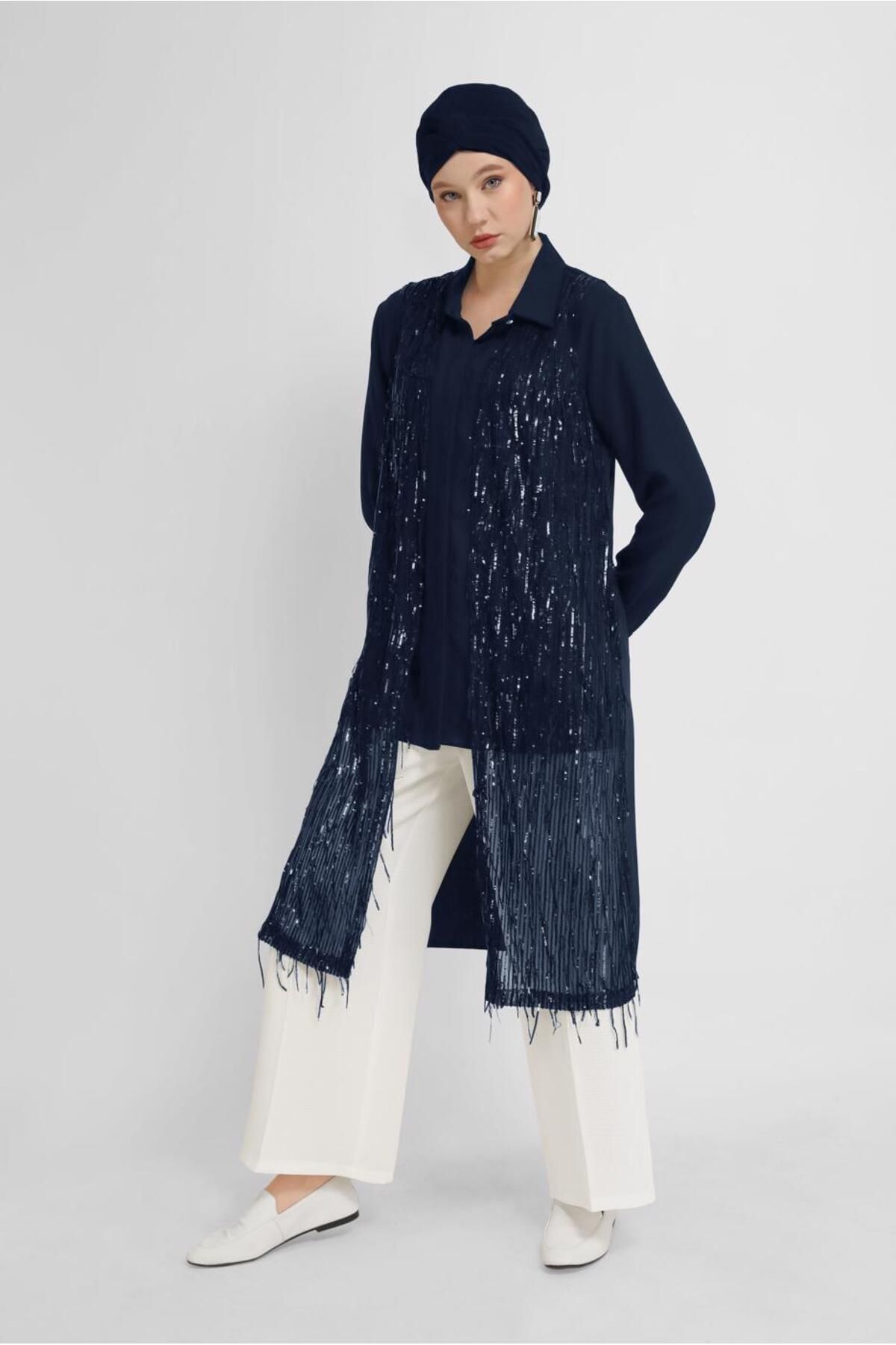 TRENDTESETTÜR-Women's Navy Blue (DARK BLUE) Sequin Sequin Tassel Vest T 40871 2