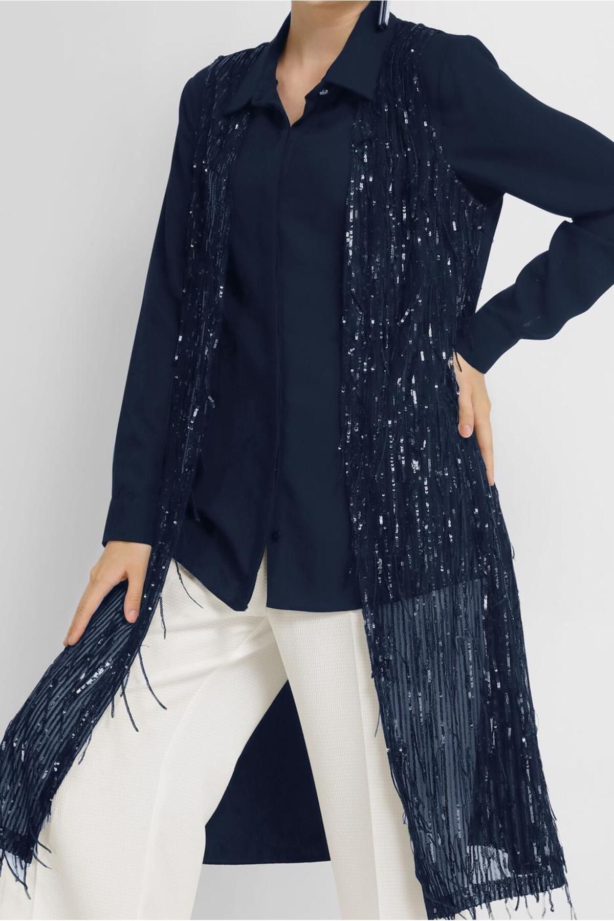 TRENDTESETTÜR-Women's Navy Blue (DARK BLUE) Sequin Sequin Tassel Vest T 40871 4