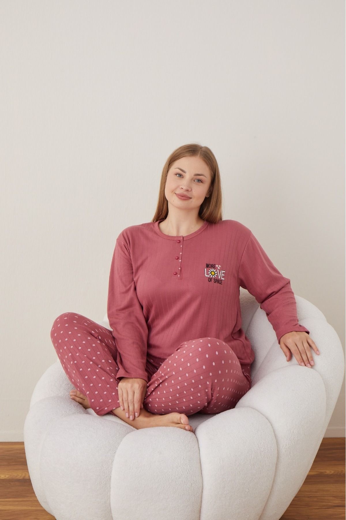 Eyfuze-Women's Winter Plus Size Curve Embroidered Patterned Collar Buttoned Long Sleeve Pajama Set 1