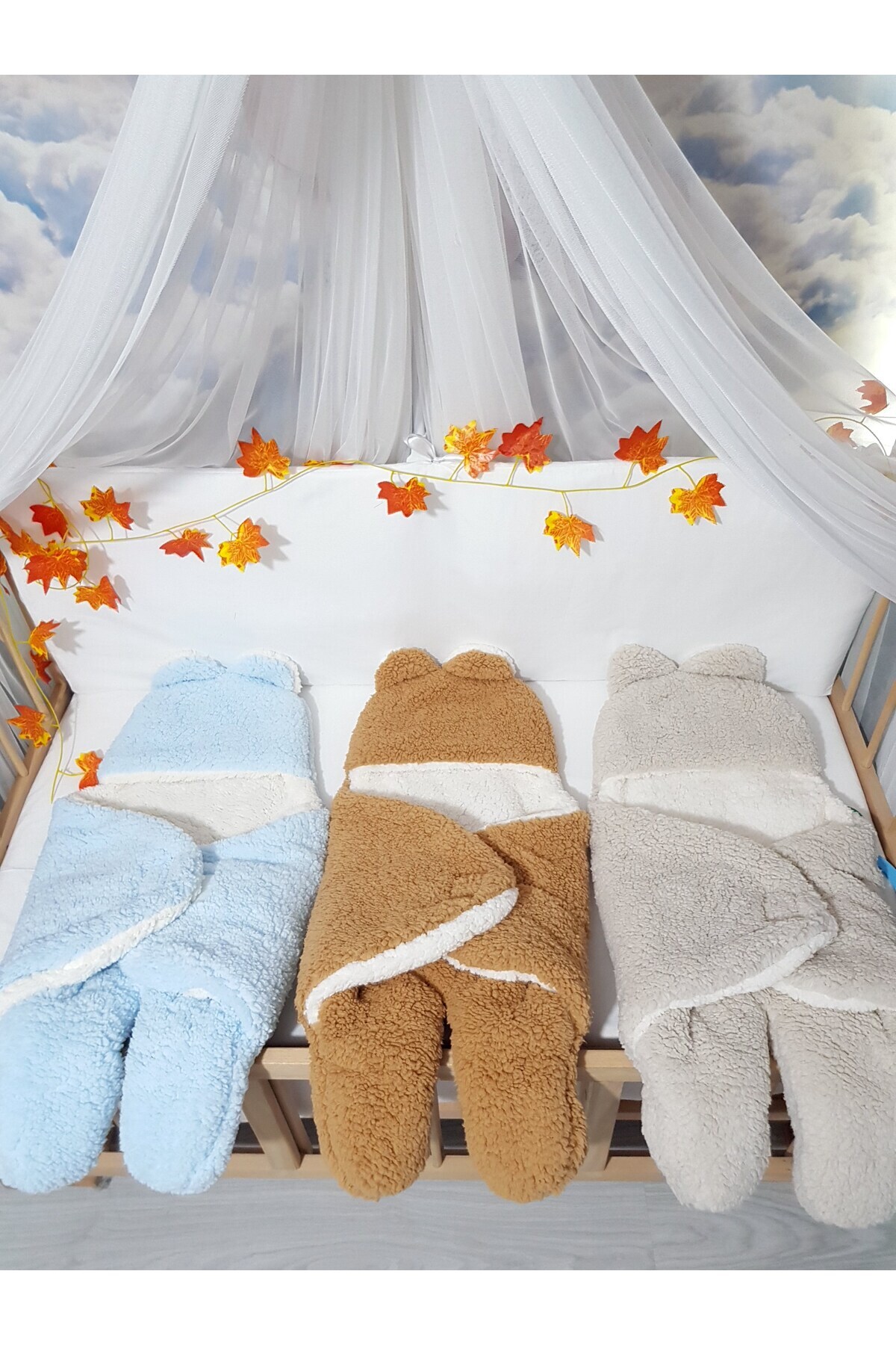 Baby Clime Bebek Dış Kundak Uyku Tulumu Mavi - Pelüş Kapüşonlu Çift Katman Ayaklı Model fotoğrafı 2 (önizleme)