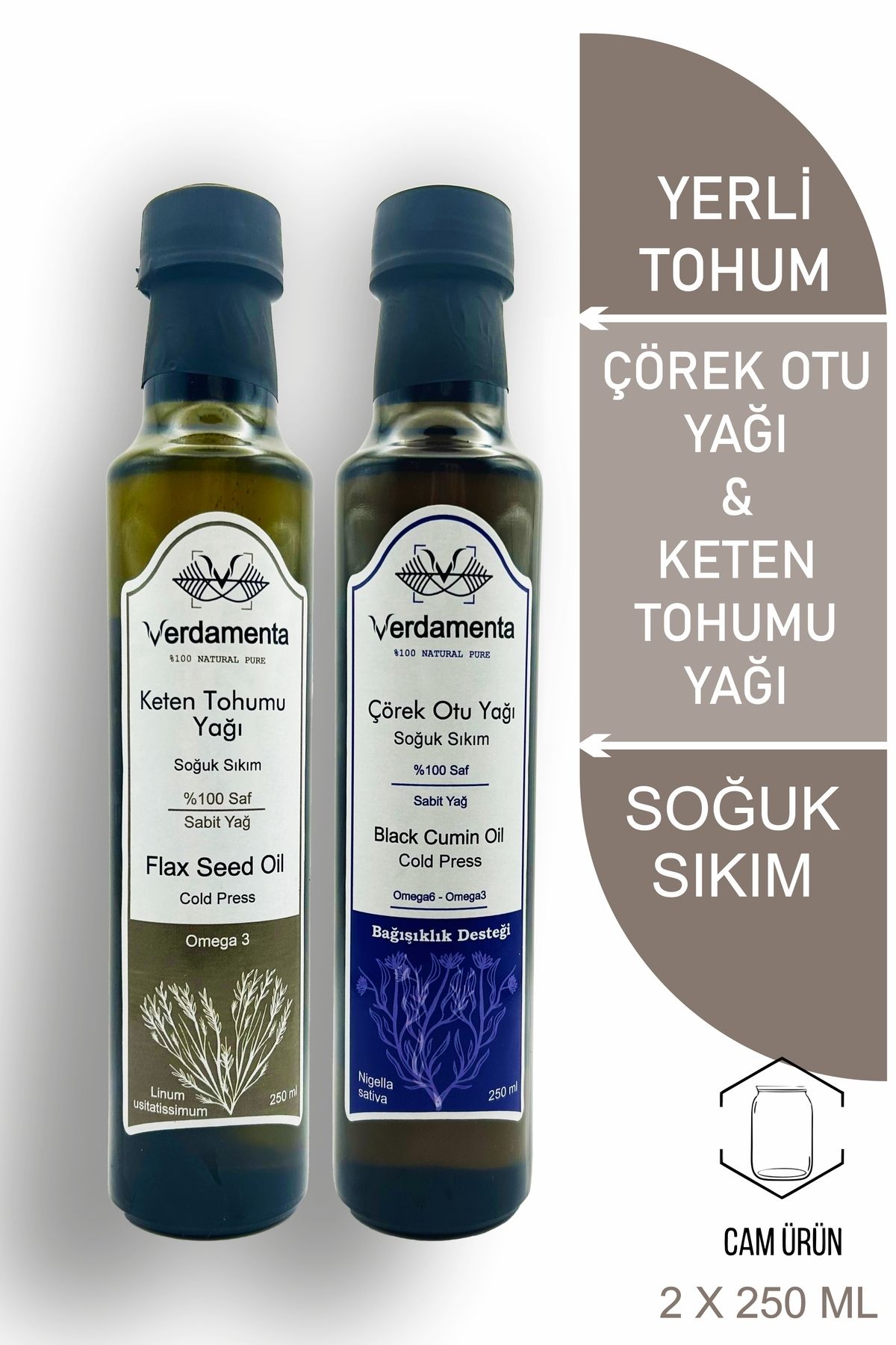 verdamenta Çörek Otu Yağı & Keten Tohumu Yağı Seti - 250 ml (SOĞUK SIKIM, CAM ŞİŞEDE)